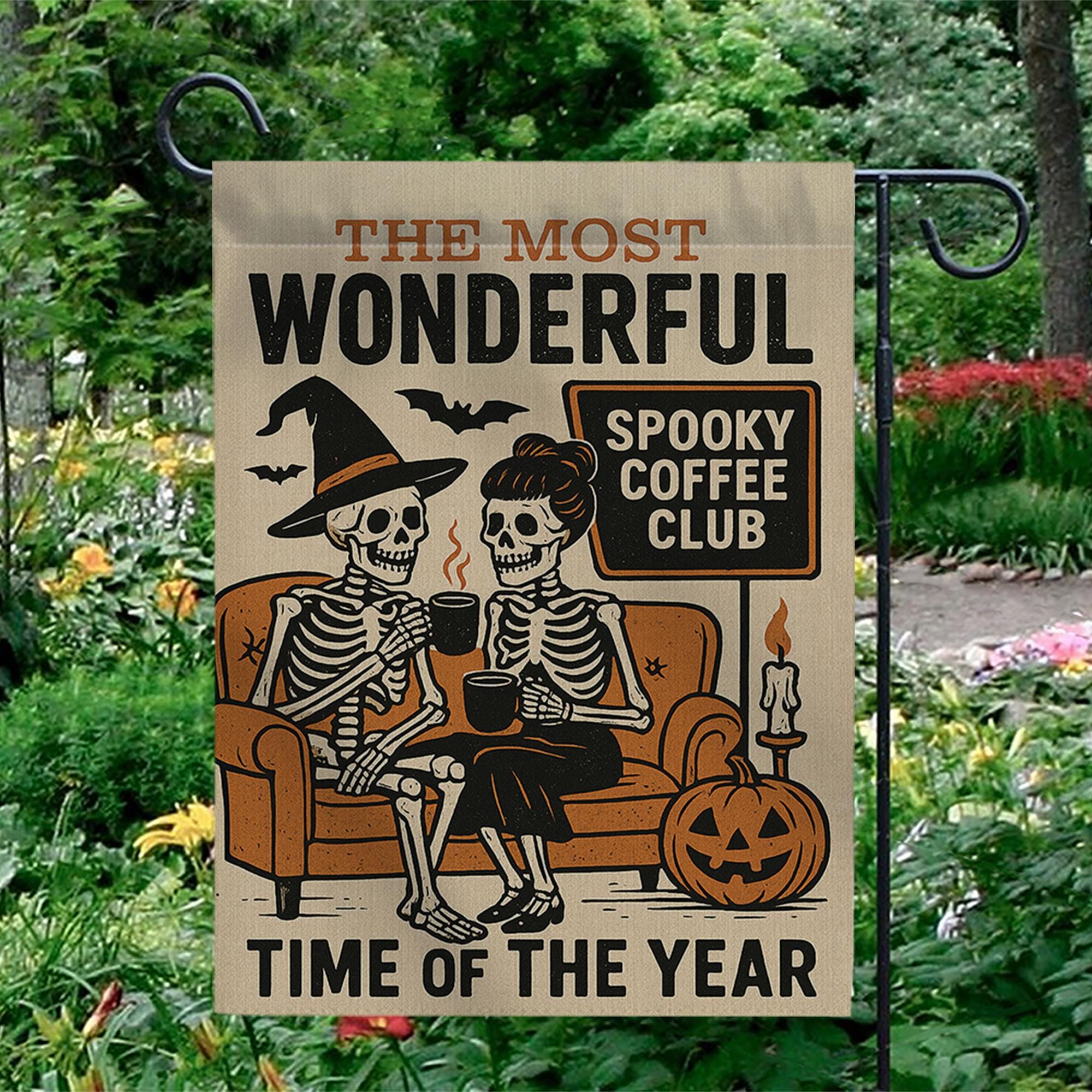 Spooky Coffee Club Garden Flag, Skeleton Halloween Yard Sign, Funny Fall Porch Decor, Witchy Pumpkin Banner, Autumn Outdoor Flag