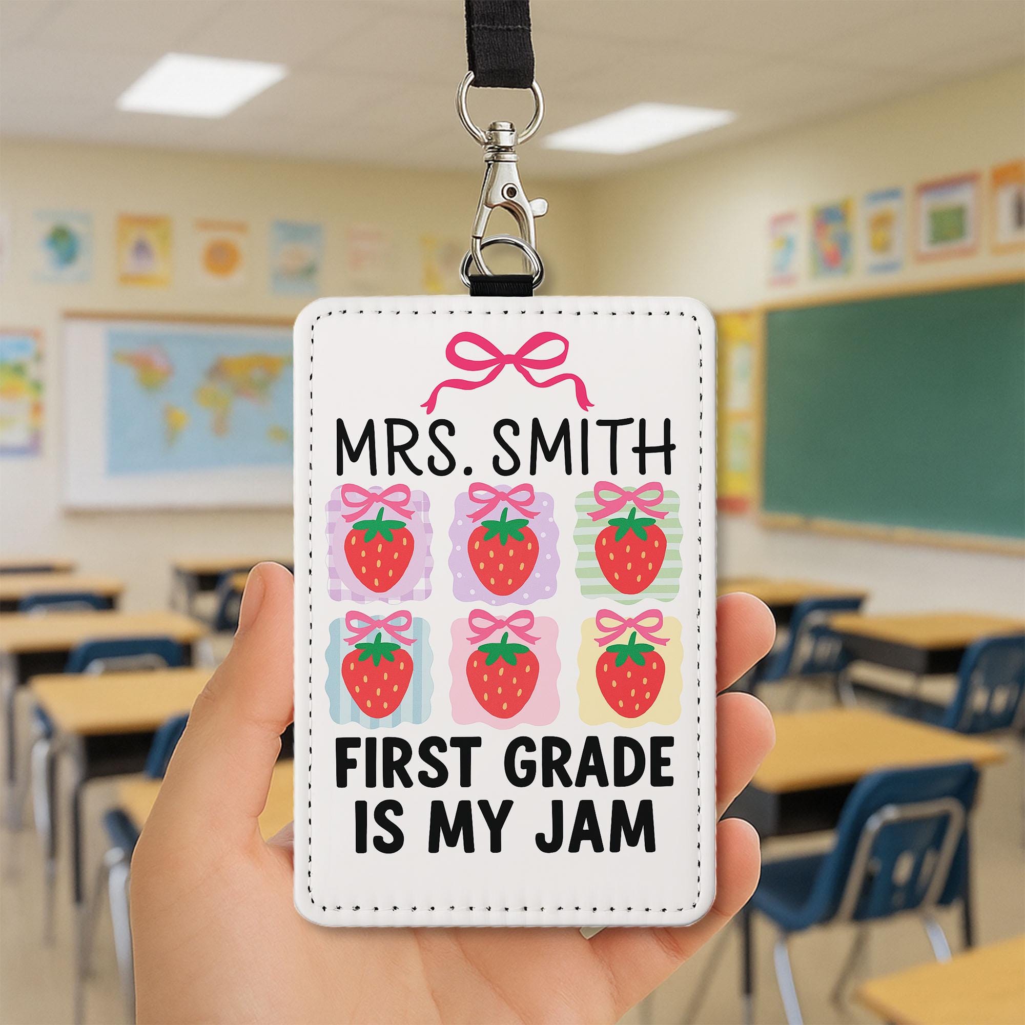 First Grade Teacher Badge Holder, Cute Strawberry ID Tag, Custom Lanyard Card, Back To School Teacher Gift, Classroom Accessory