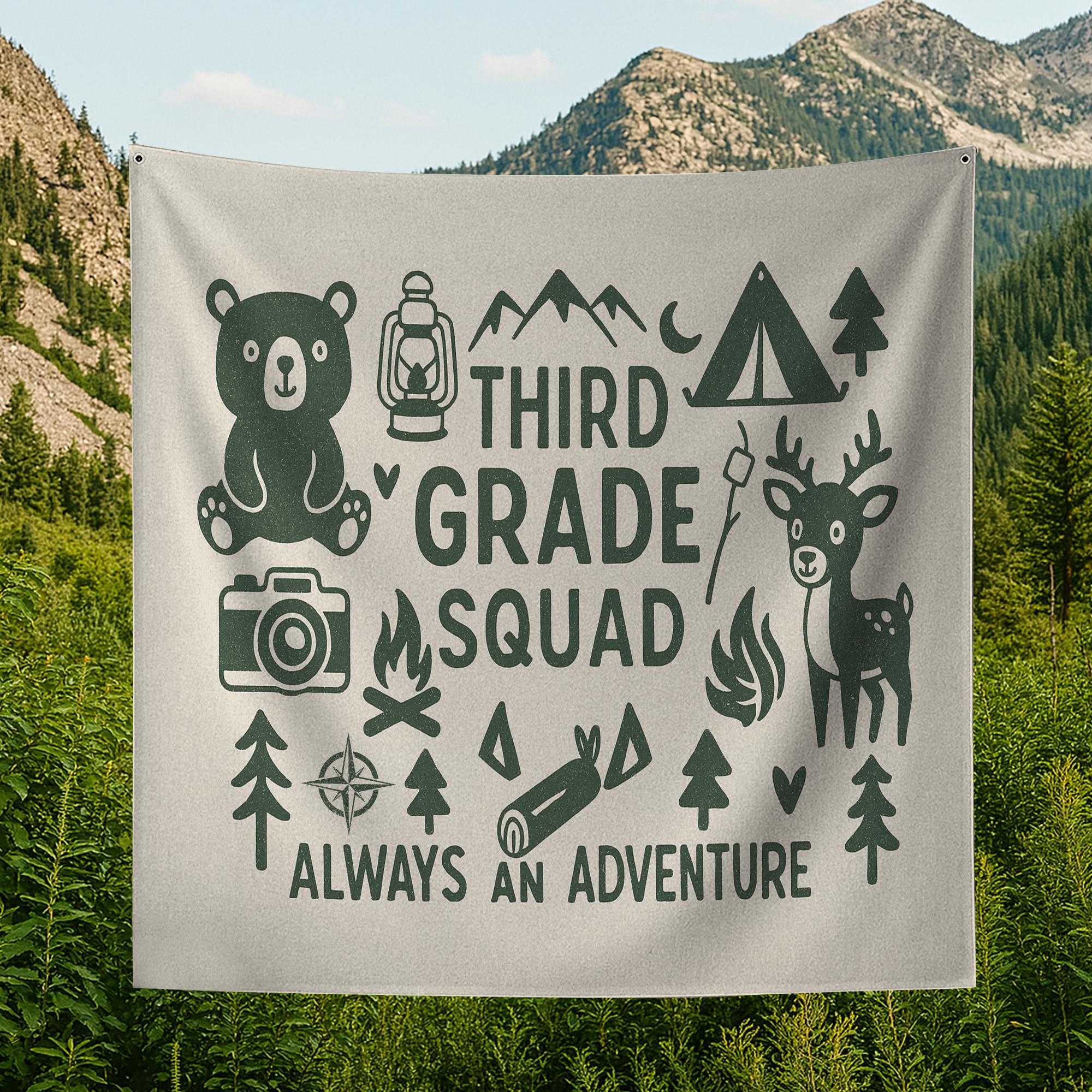 Custom Grade Adventure Tapestry – Classroom Squad Wall Decor – Camping Theme Back to School Banner for Teachers & Students