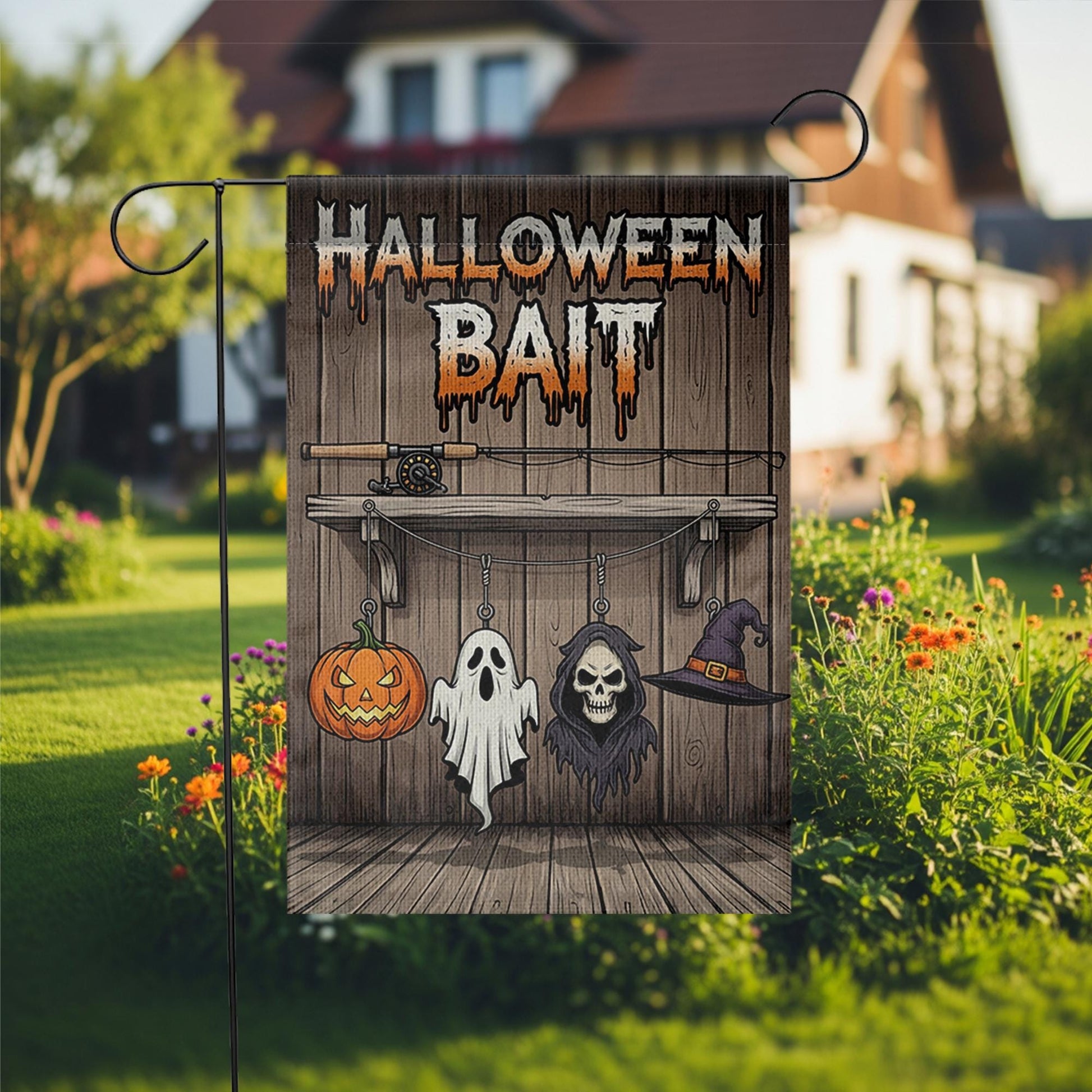 Halloween Bait Garden Flag – Funny Spooky Outdoor Fishing Themed Yard Decor – Ghost Pumpkin Witch Sign
