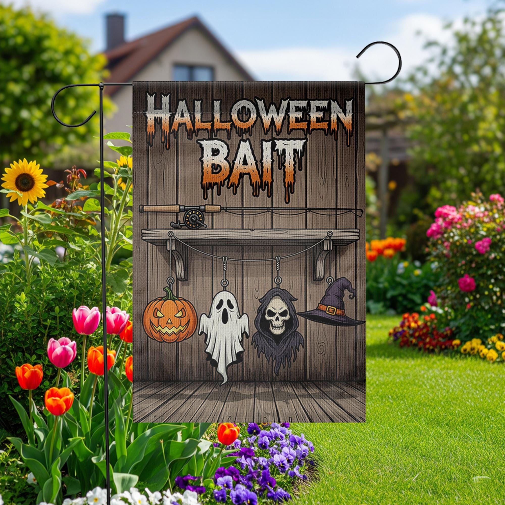 Halloween Bait Garden Flag – Funny Spooky Outdoor Fishing Themed Yard Decor – Ghost Pumpkin Witch Sign