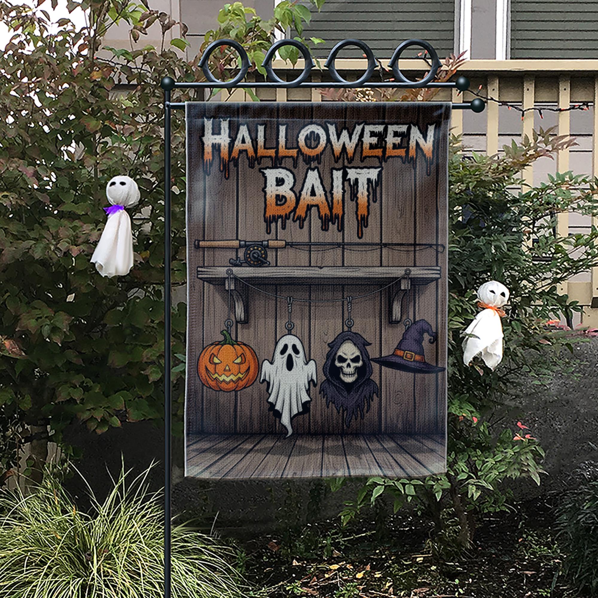 Halloween Bait Garden Flag – Funny Spooky Outdoor Fishing Themed Yard Decor – Ghost Pumpkin Witch Sign