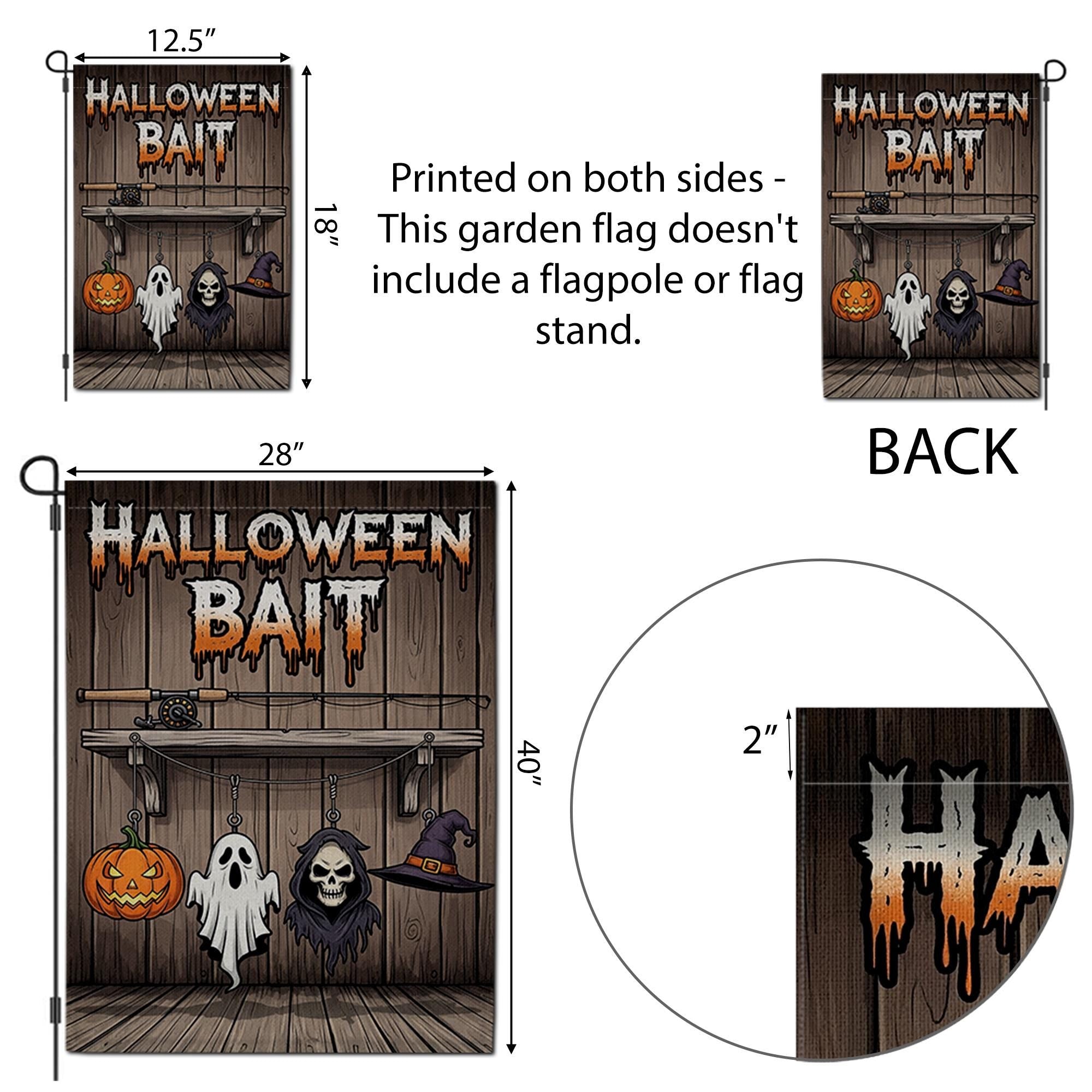 Halloween Bait Garden Flag – Funny Spooky Outdoor Fishing Themed Yard Decor – Ghost Pumpkin Witch Sign