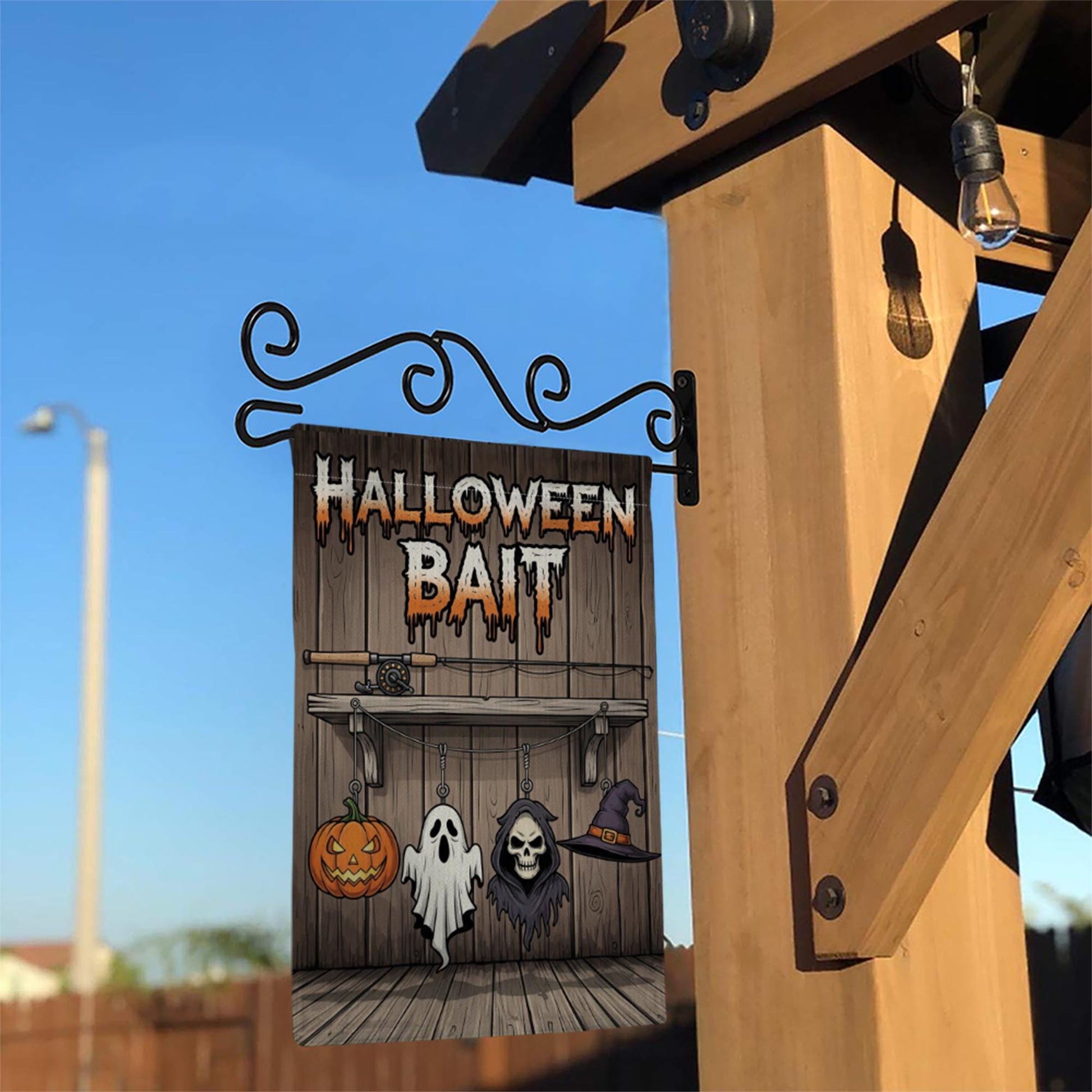 Halloween Bait Garden Flag – Funny Spooky Outdoor Fishing Themed Yard Decor – Ghost Pumpkin Witch Sign