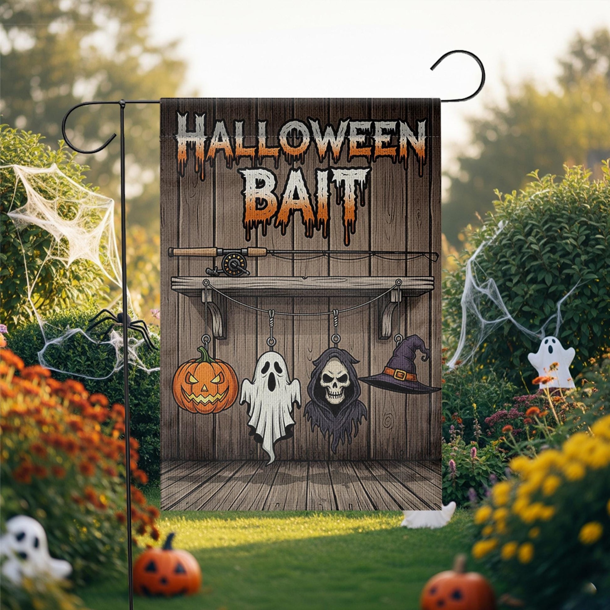 Halloween Bait Garden Flag – Funny Spooky Outdoor Fishing Themed Yard Decor – Ghost Pumpkin Witch Sign