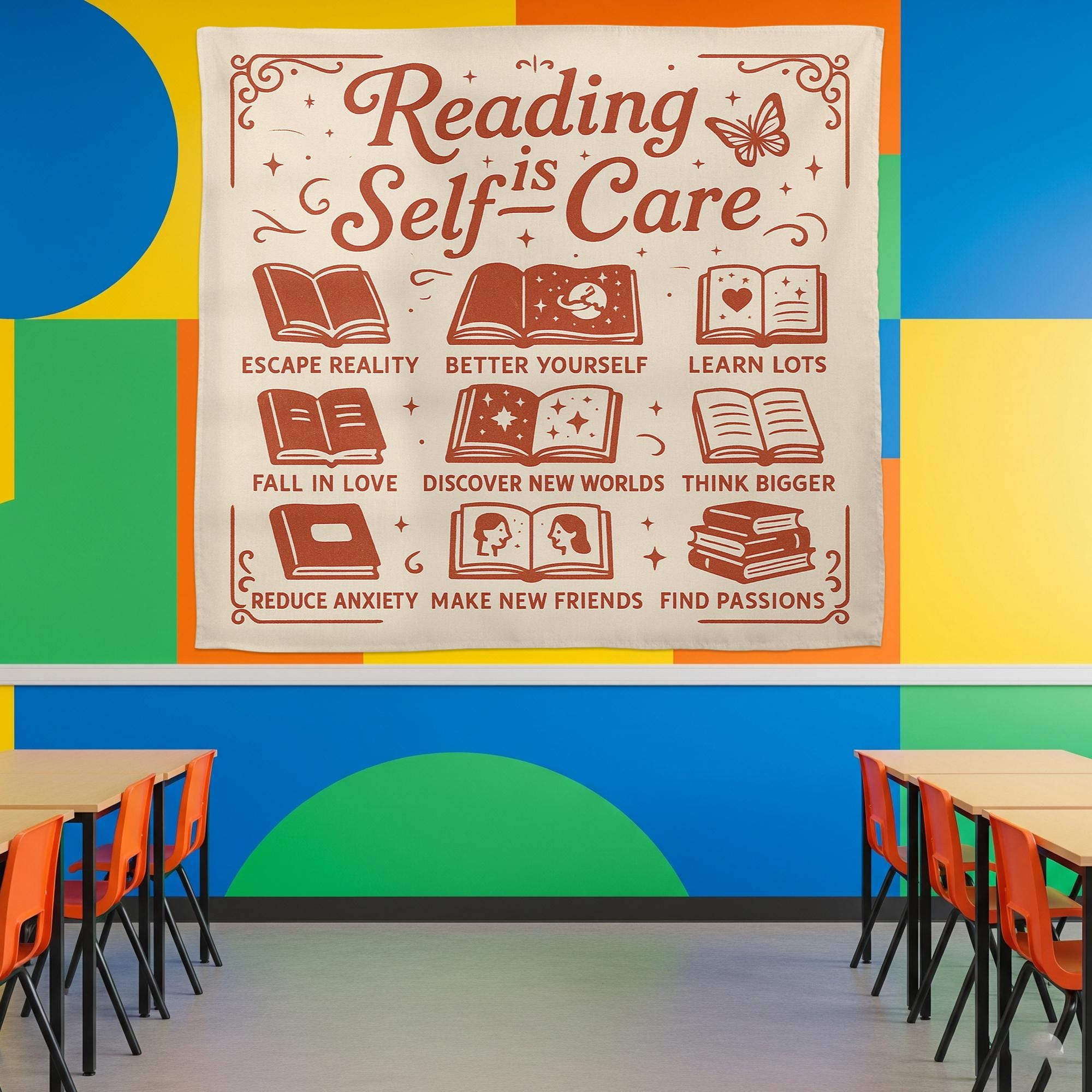 Reading Is Self Care Tapestry, Book Lover Wall Decor, Classroom Library Poster, Literary Quote Banner, Teacher Reading Gift