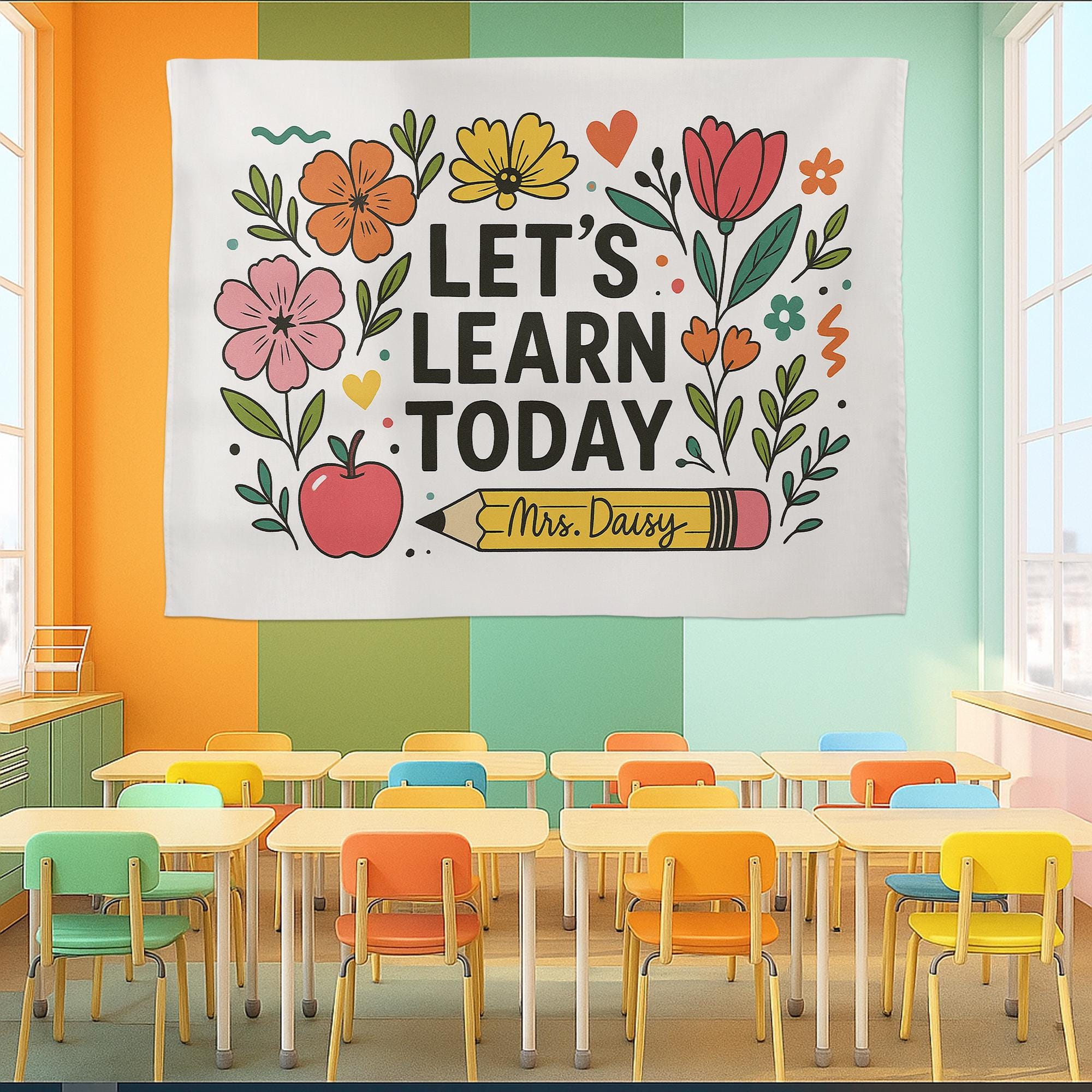 Personalized Teacher Tapestry, Let's Learn Today Wall Banner, Classroom Floral Decor, Back to School Sign, Custom Teacher Gift