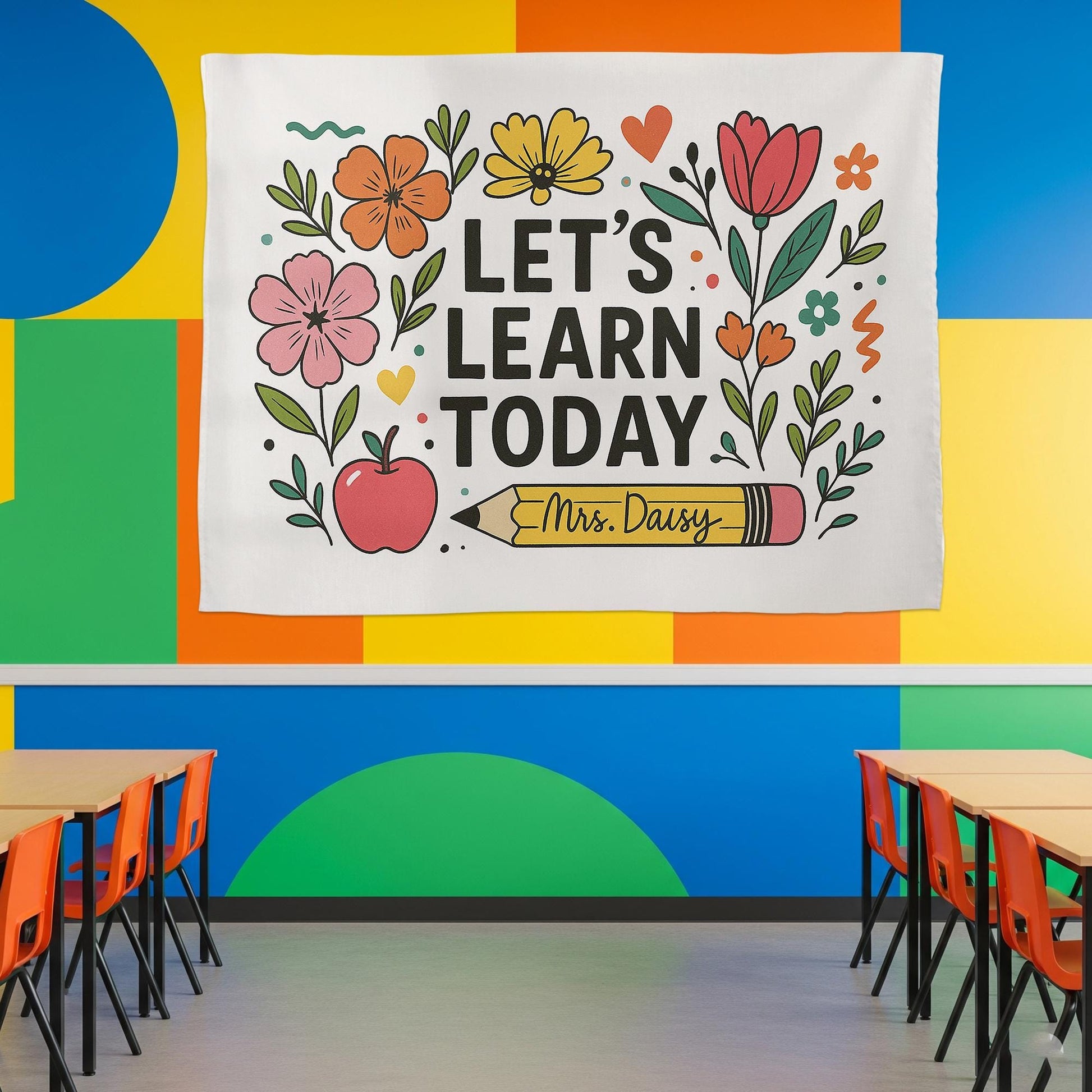 Personalized Teacher Tapestry, Let's Learn Today Wall Banner, Classroom Floral Decor, Back to School Sign, Custom Teacher Gift