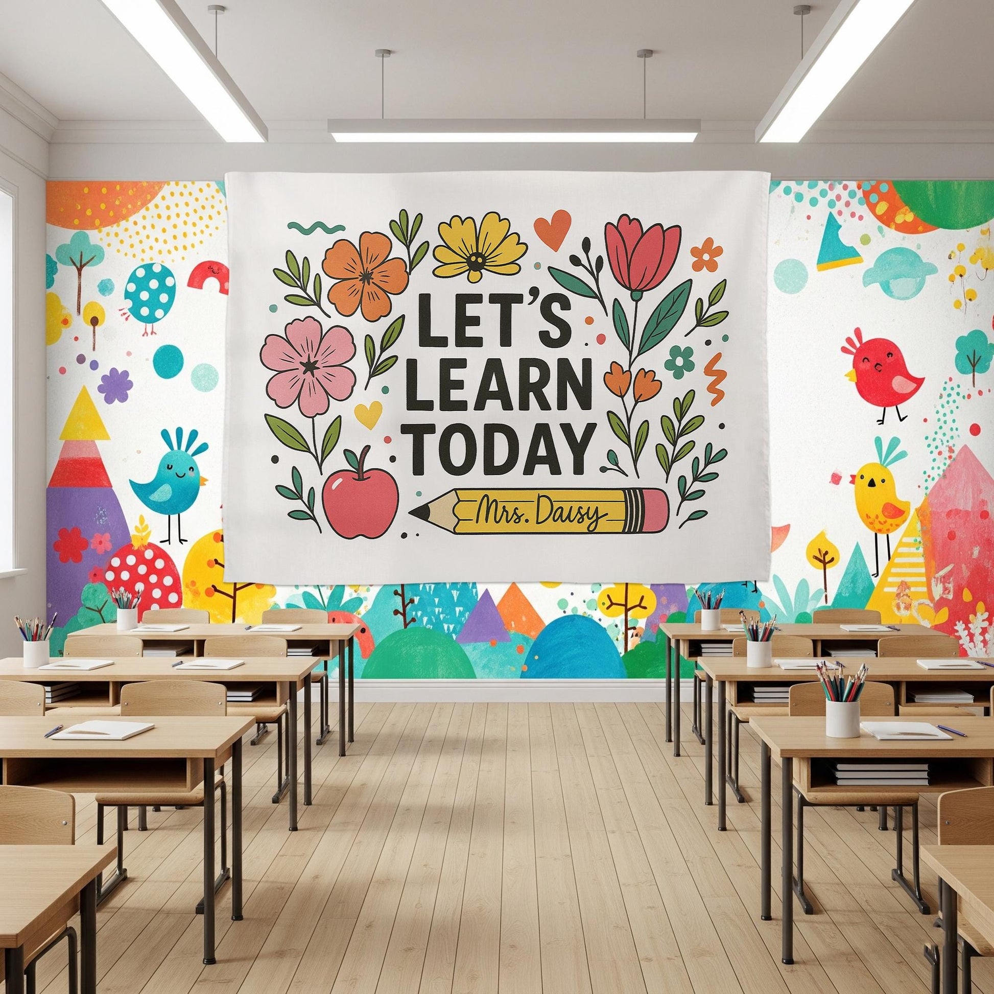 Personalized Teacher Tapestry, Let's Learn Today Wall Banner, Classroom Floral Decor, Back to School Sign, Custom Teacher Gift