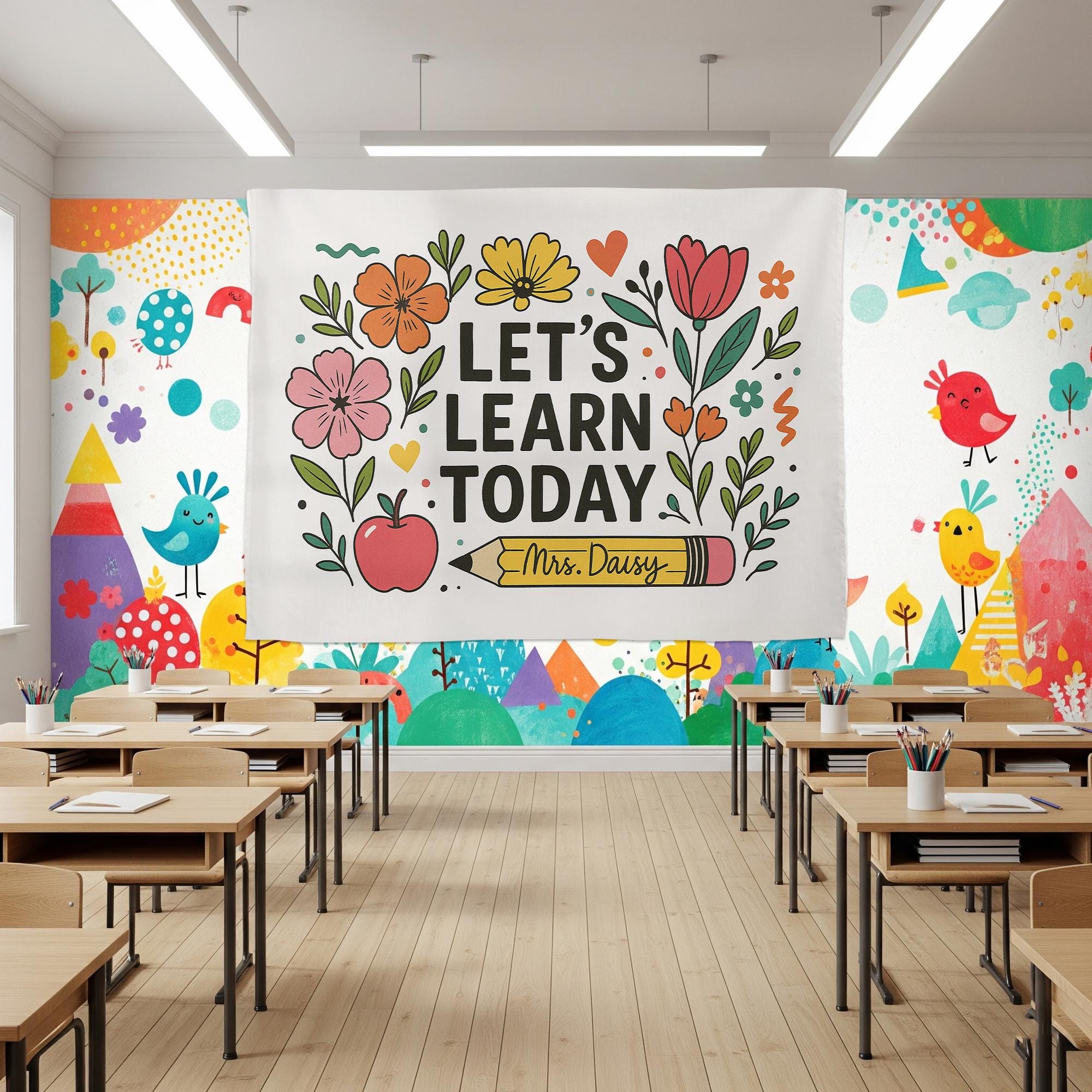 Personalized Teacher Tapestry, Let's Learn Today Wall Banner, Classroom Floral Decor, Back to School Sign, Custom Teacher Gift
