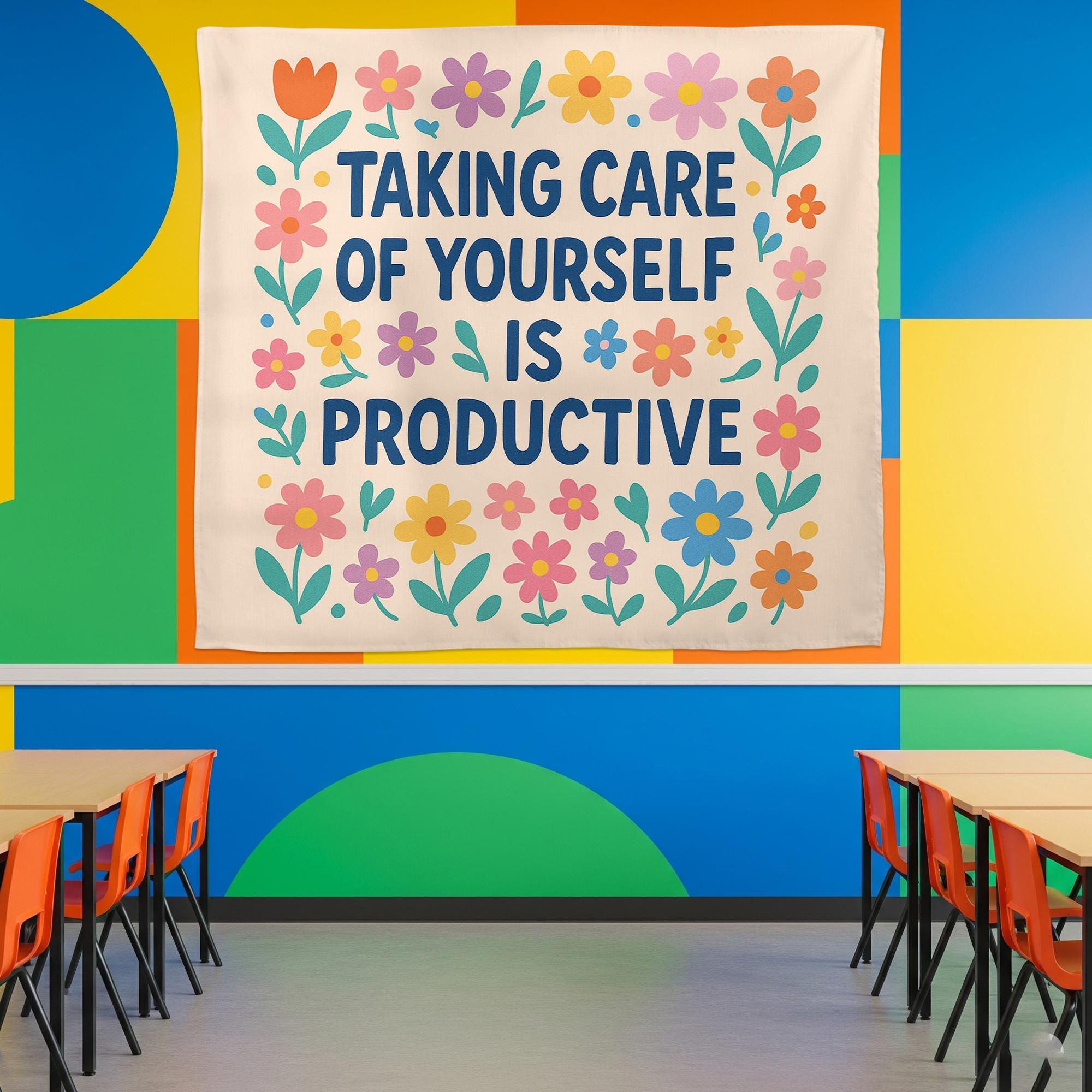 Self Care Is Productive Tapestry, Motivational Mental Health Wall Art, Therapy Office Decor, Positive Affirmation Banner, Classroom Decor