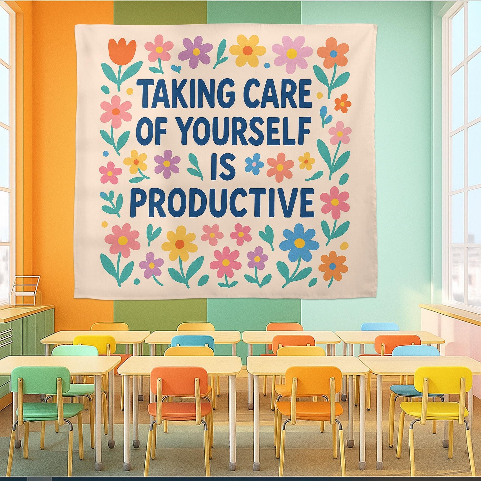 Self Care Is Productive Tapestry, Motivational Mental Health Wall Art, Therapy Office Decor, Positive Affirmation Banner, Classroom Decor
