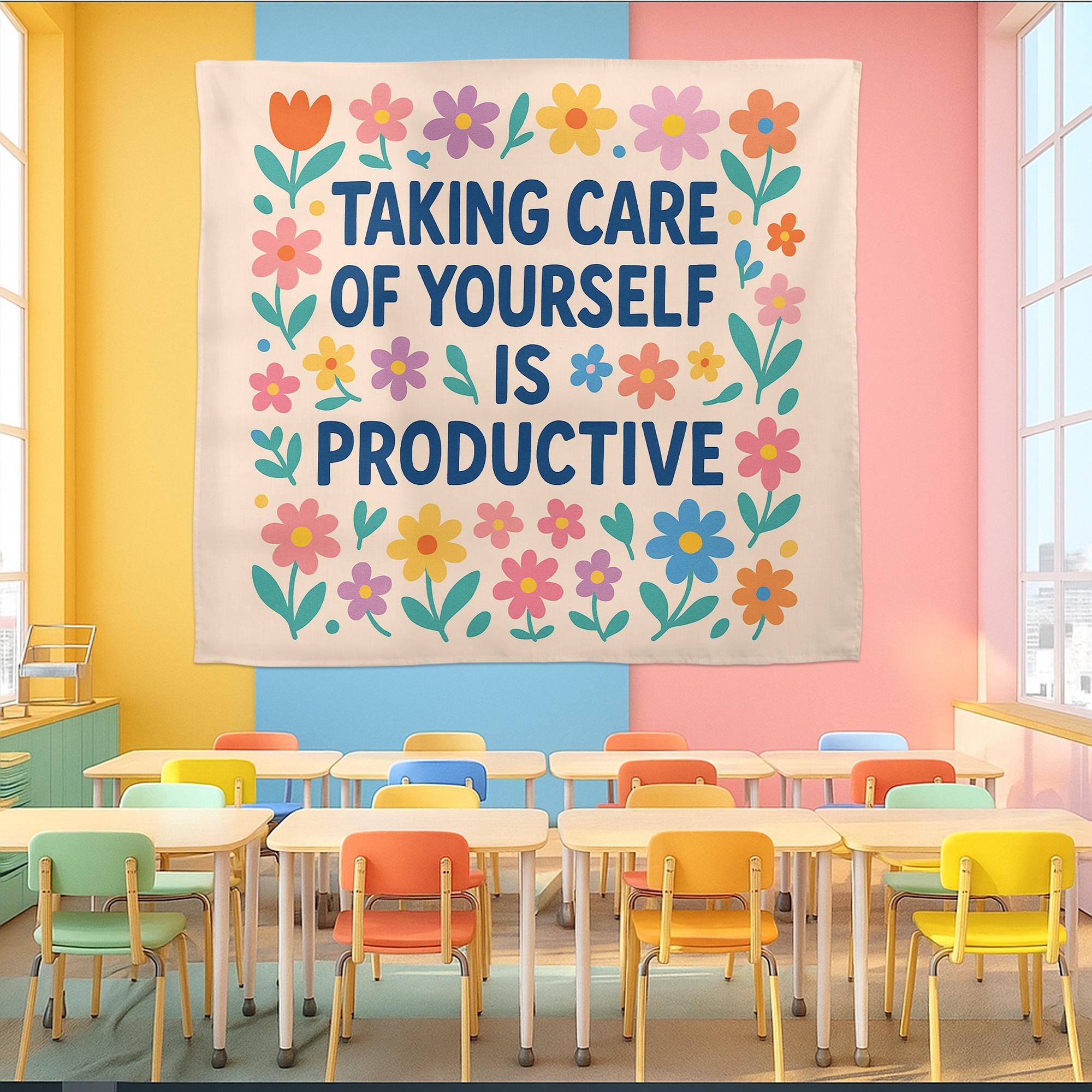 Self Care Is Productive Tapestry, Motivational Mental Health Wall Art, Therapy Office Decor, Positive Affirmation Banner, Classroom Decor