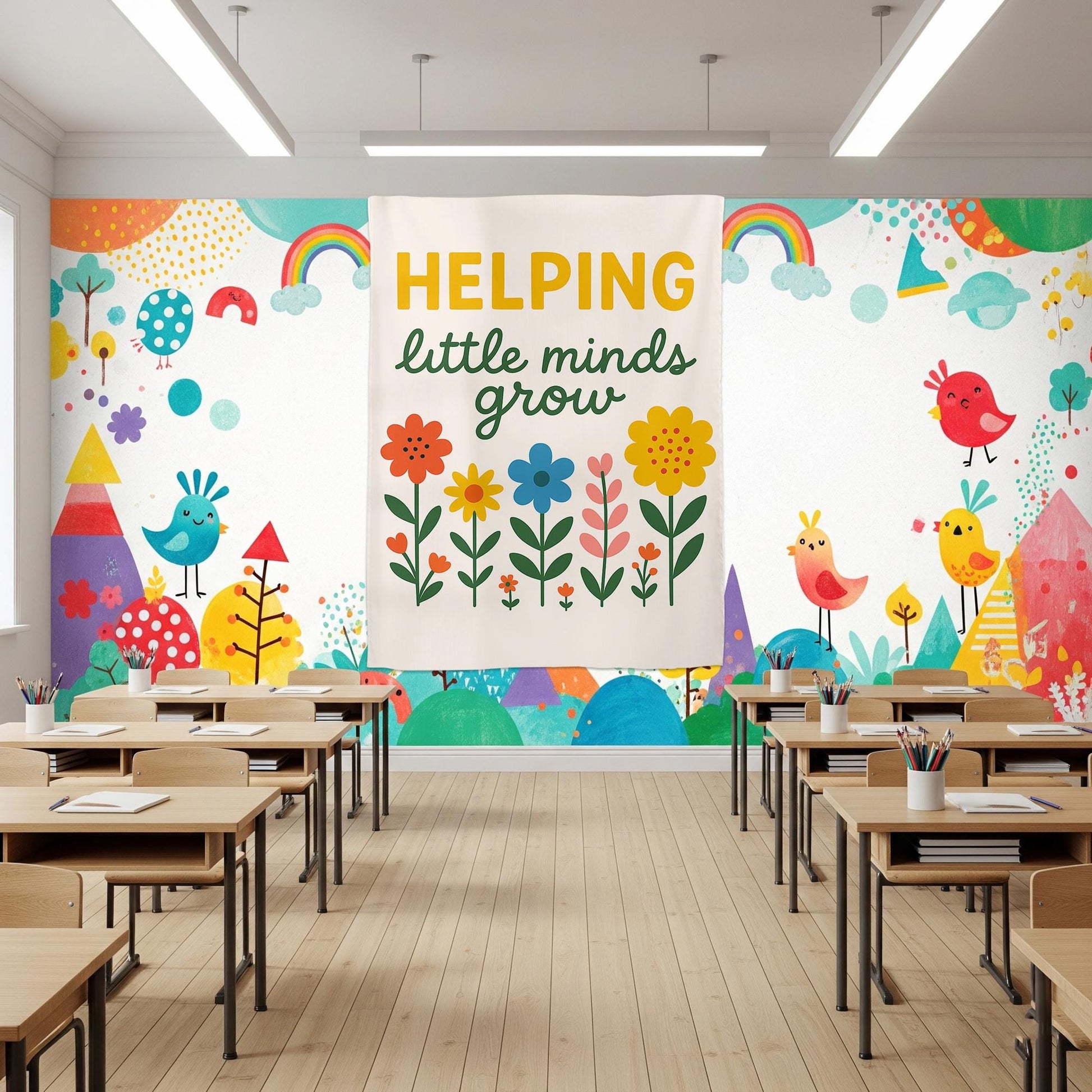 Helping Little Minds Grow Tapestry, Preschool Classroom Wall Decor, Colorful Teacher Banner, Kindergarten Learning Sign