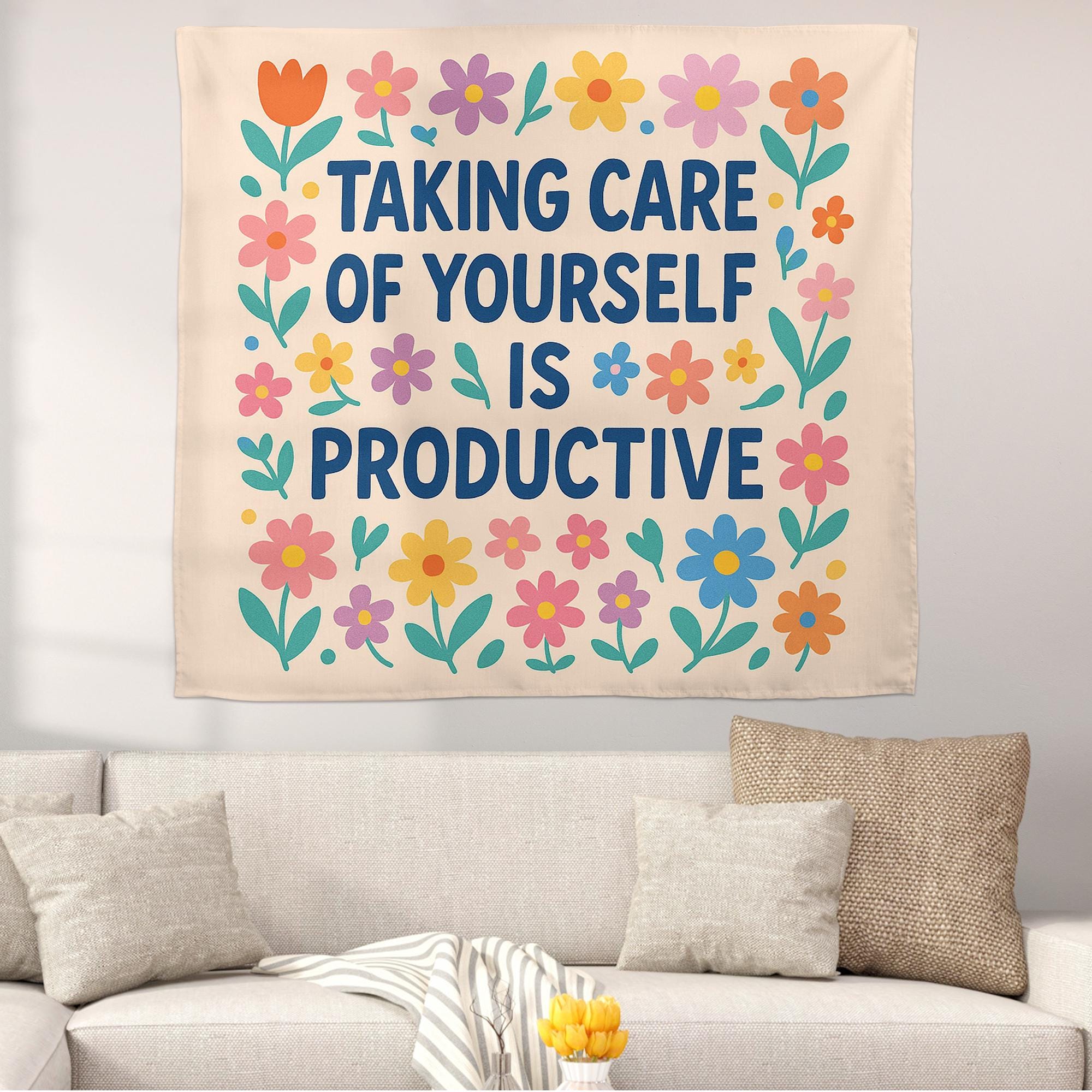 Self Care Is Productive Tapestry, Motivational Mental Health Wall Art, Therapy Office Decor, Positive Affirmation Banner, Classroom Decor