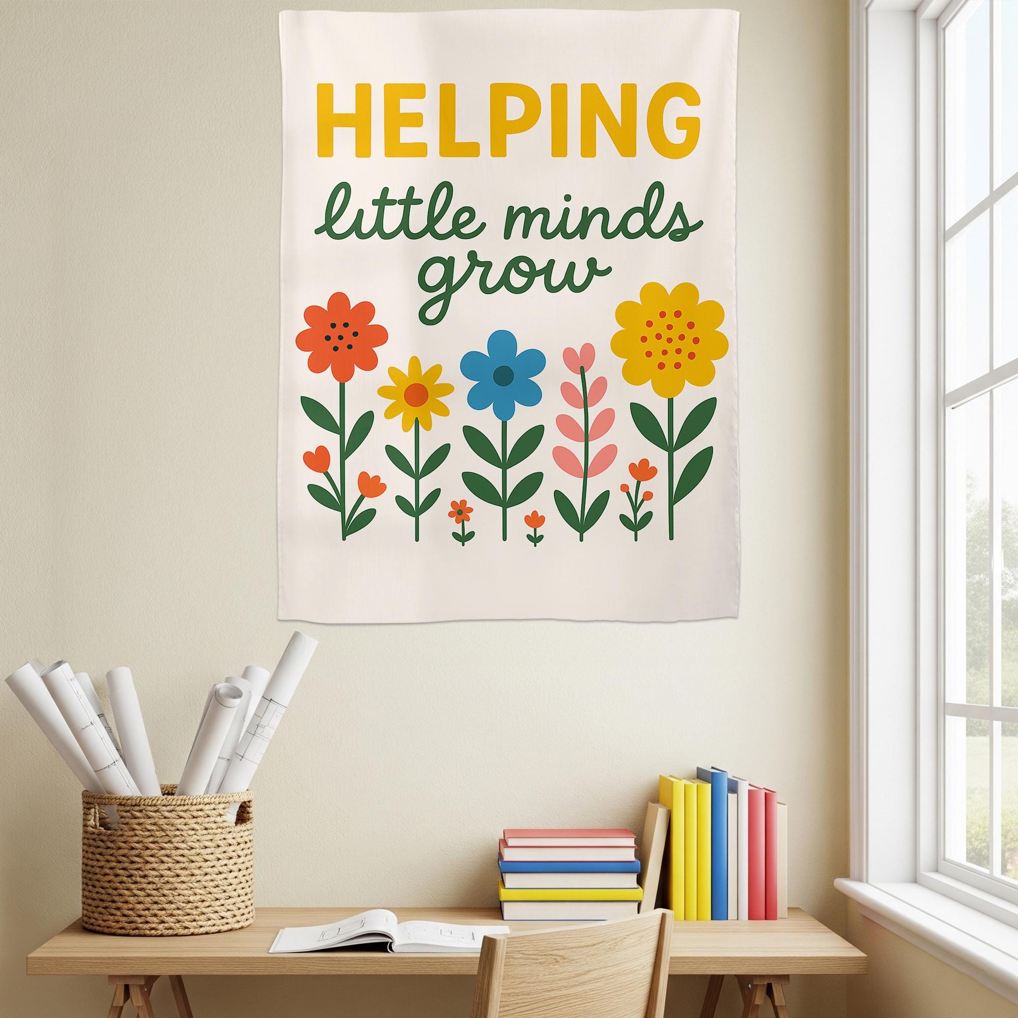 Helping Little Minds Grow Tapestry, Preschool Classroom Wall Decor, Colorful Teacher Banner, Kindergarten Learning Sign
