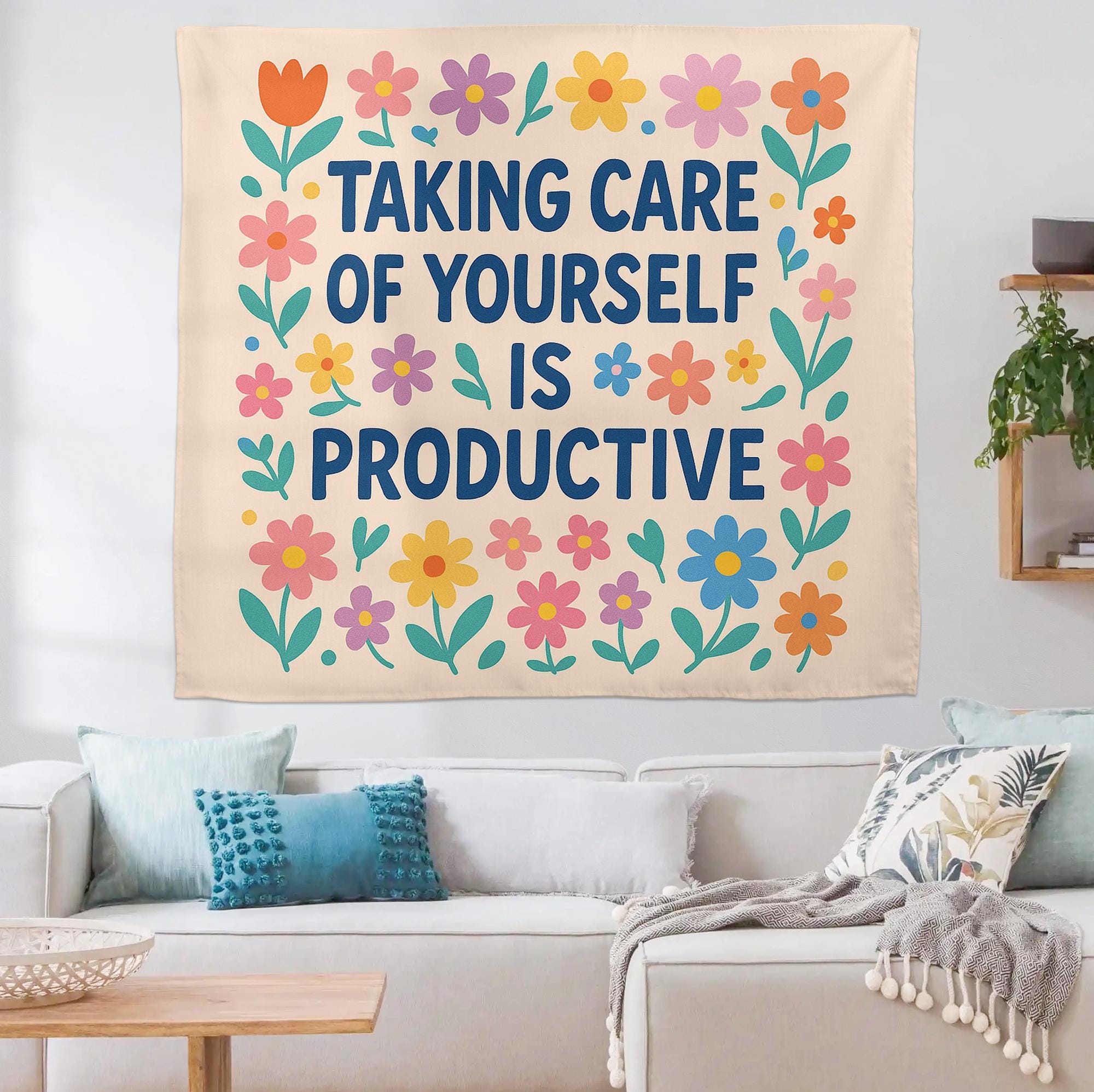 Self Care Is Productive Tapestry, Motivational Mental Health Wall Art, Therapy Office Decor, Positive Affirmation Banner, Classroom Decor