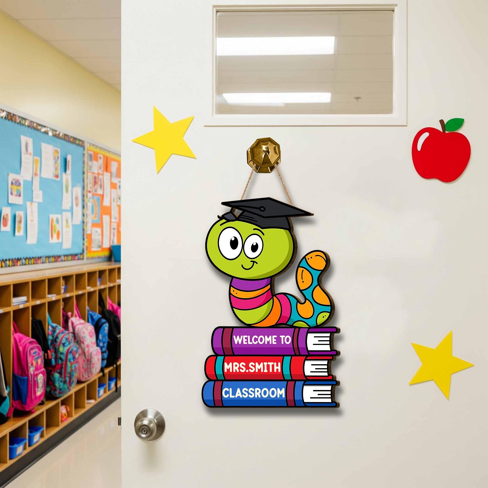 Welcome to Teacher Classroom Door Sign, Bookworm Teacher Decor, Personalized Back to School Wall Hanger, Cute School Sign, Elementary Decor
