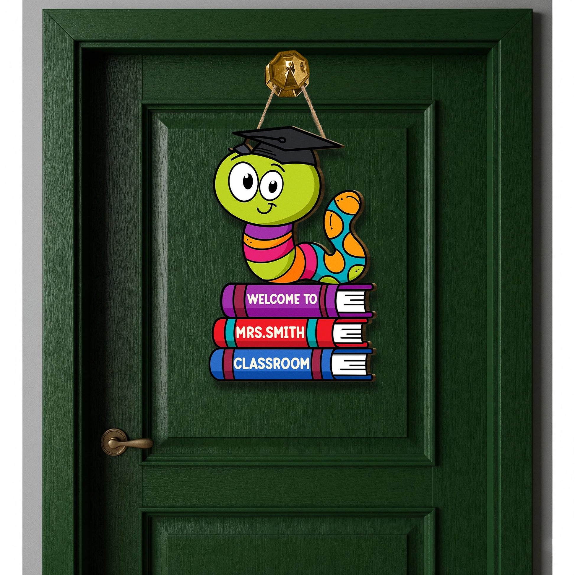 Welcome to Teacher Classroom Door Sign, Bookworm Teacher Decor, Personalized Back to School Wall Hanger, Cute School Sign, Elementary Decor