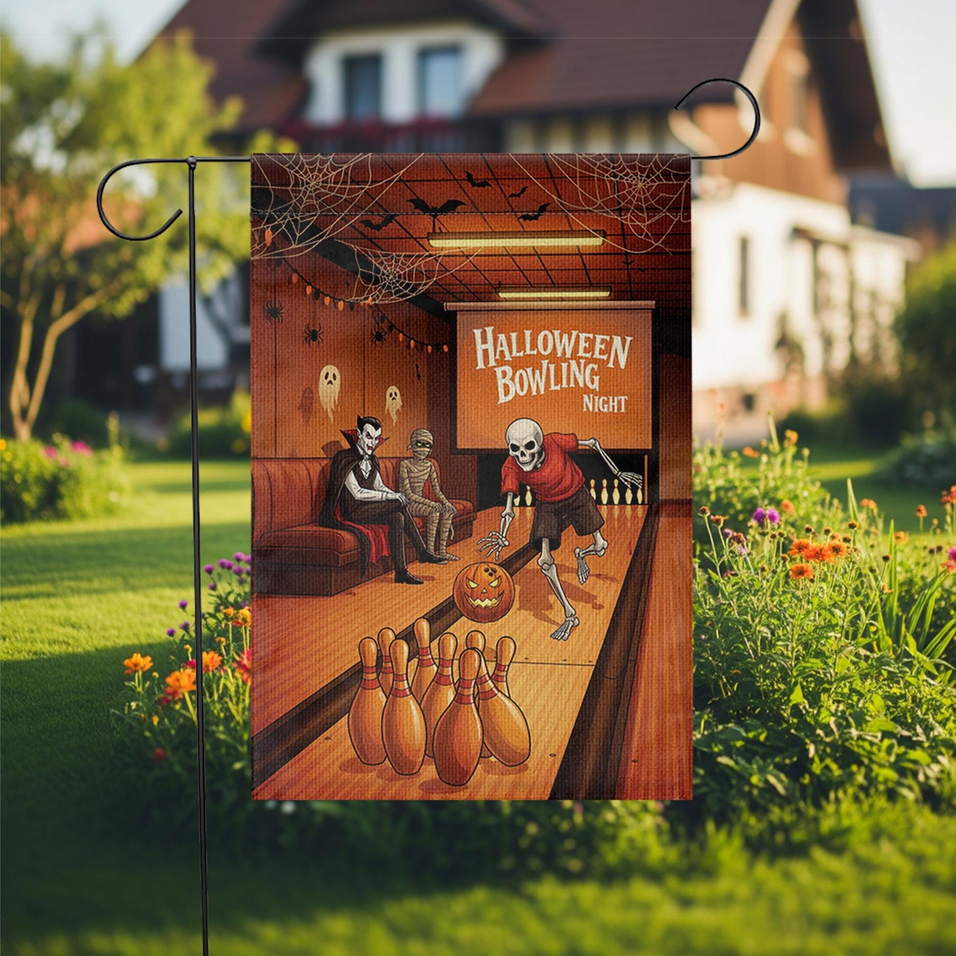 Halloween Bowling Garden Flag – Funny Skeleton Sports Yard Decor – Spooky Party Outdoor Fall Sign