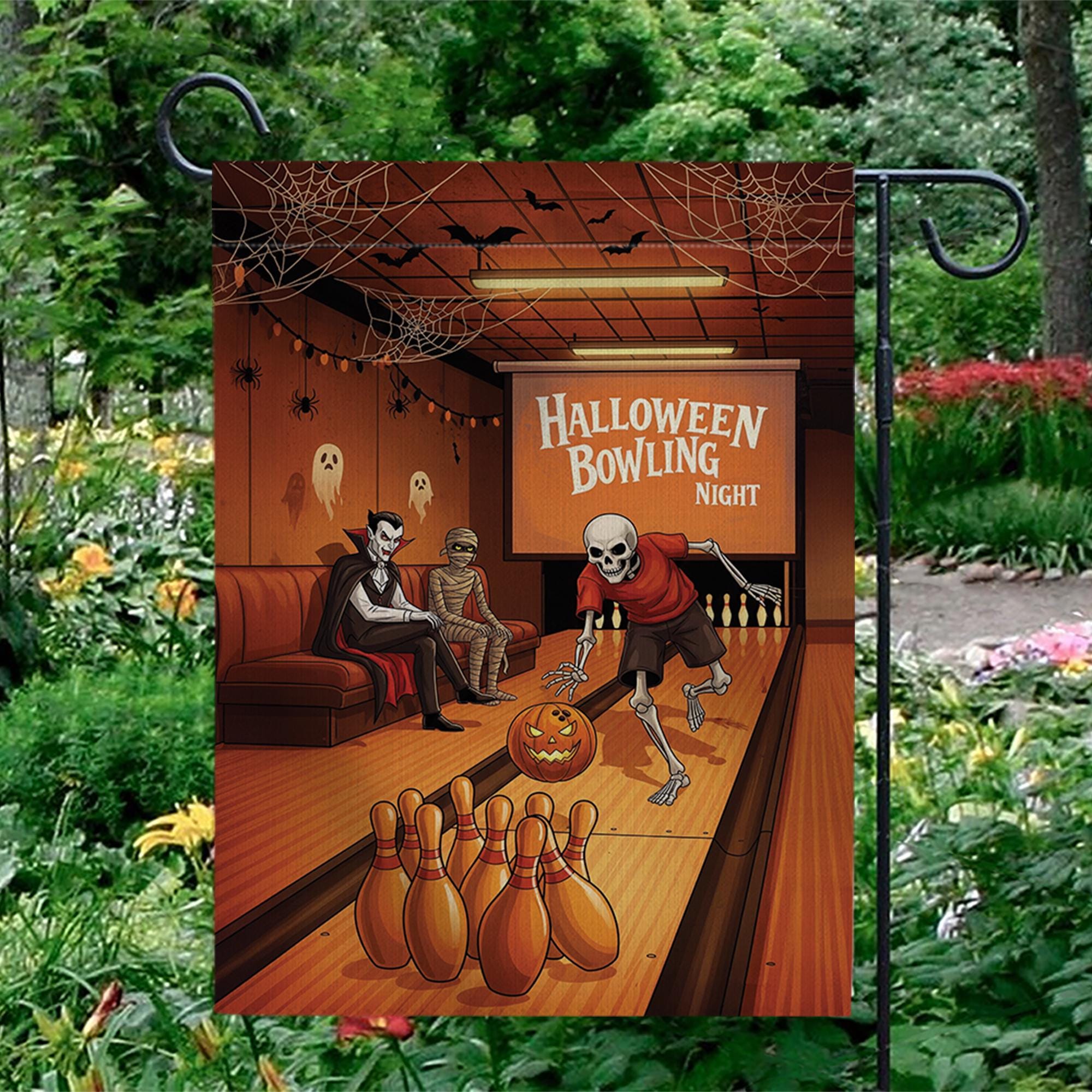 Halloween Bowling Garden Flag – Funny Skeleton Sports Yard Decor – Spooky Party Outdoor Fall Sign