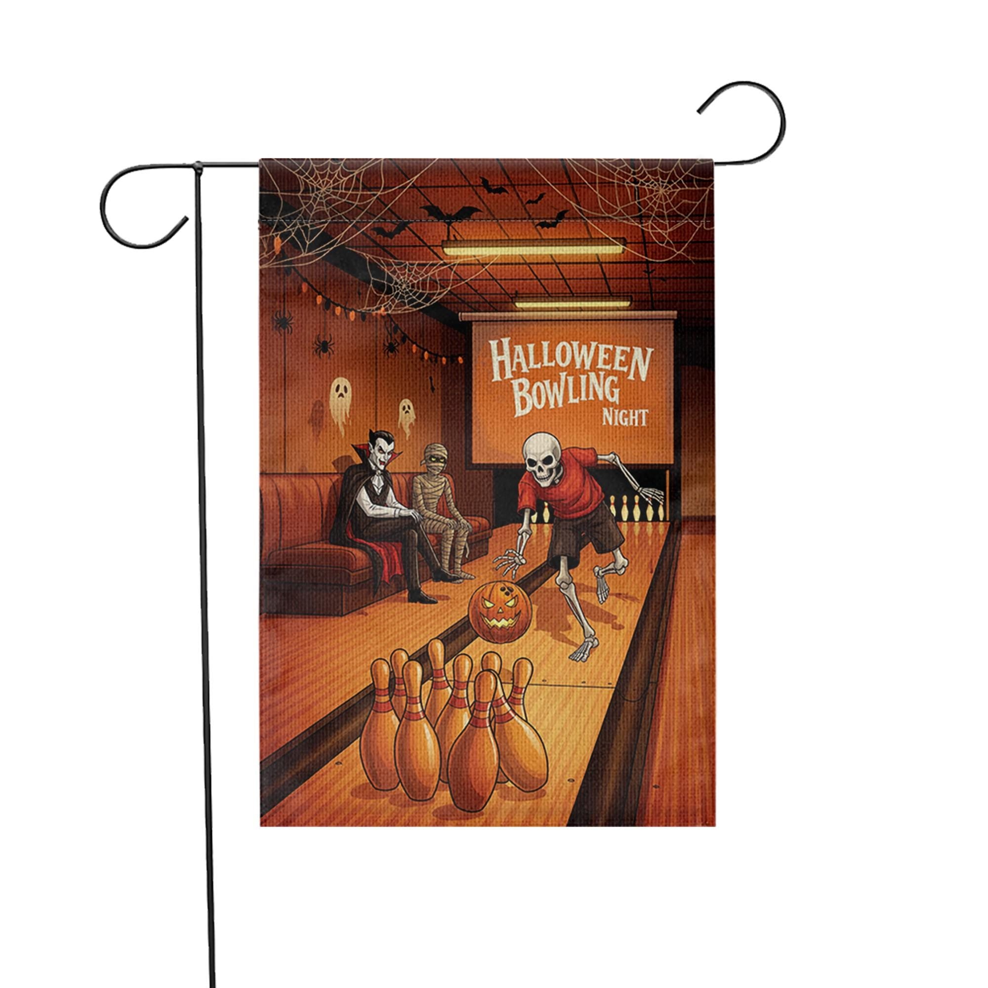 Halloween Bowling Garden Flag – Funny Skeleton Sports Yard Decor – Spooky Party Outdoor Fall Sign