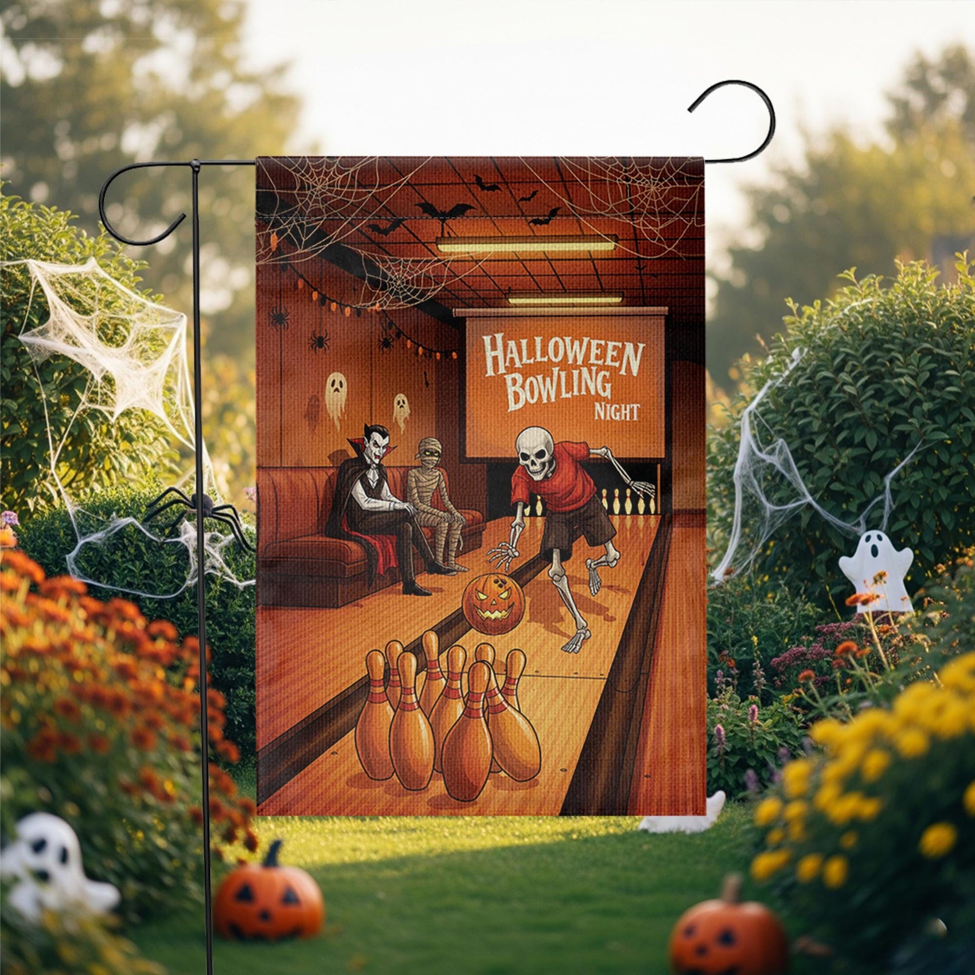 Halloween Bowling Garden Flag – Funny Skeleton Sports Yard Decor – Spooky Party Outdoor Fall Sign
