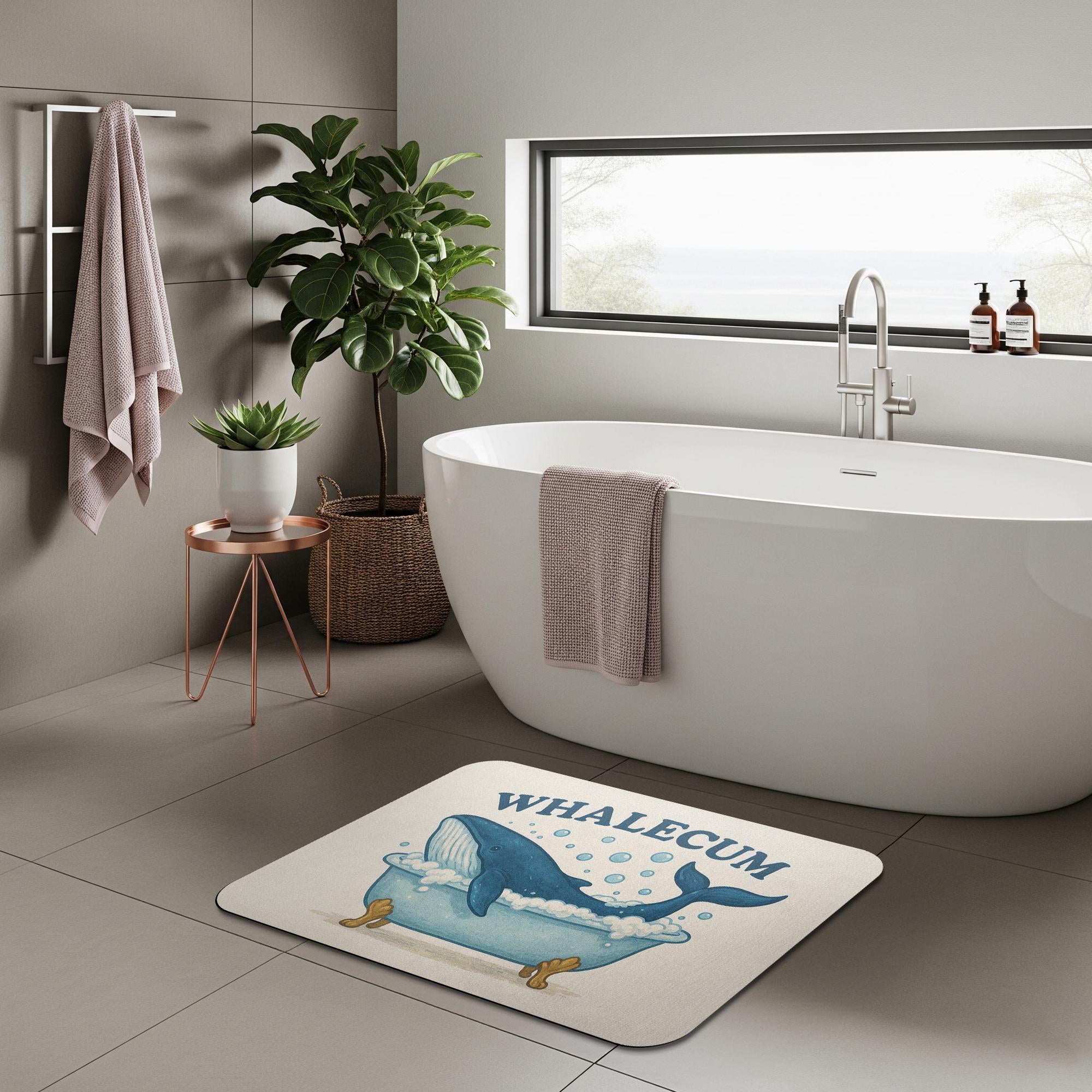 Funny Whale Bath Mat, Whale Bathroom Rug, WHALECUM Pun Mat, Cute Nautical Decor, Ocean Animal Bath Rug, Guest Bathroom Humor Gift