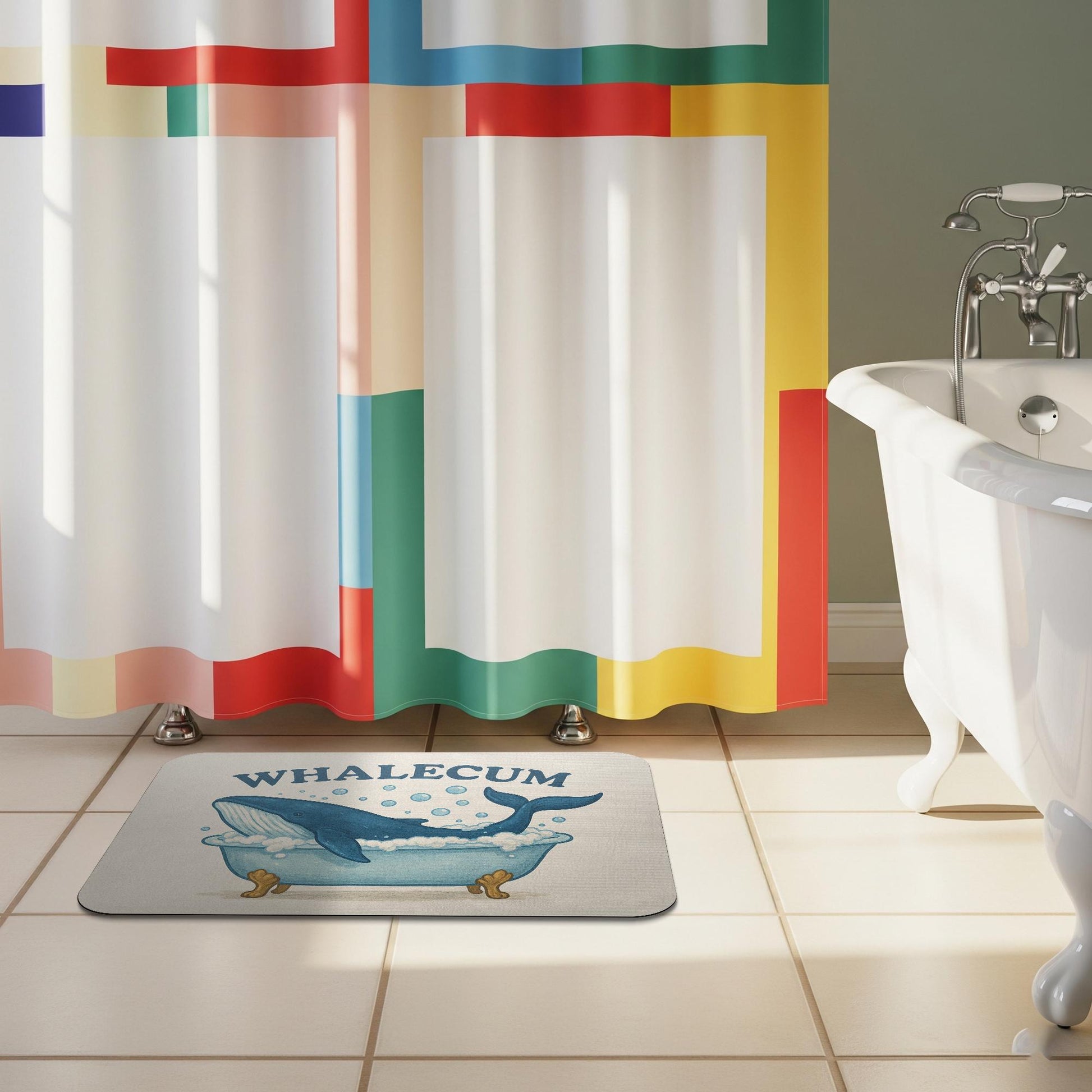Funny Whale Bath Mat, Whale Bathroom Rug, WHALECUM Pun Mat, Cute Nautical Decor, Ocean Animal Bath Rug, Guest Bathroom Humor Gift
