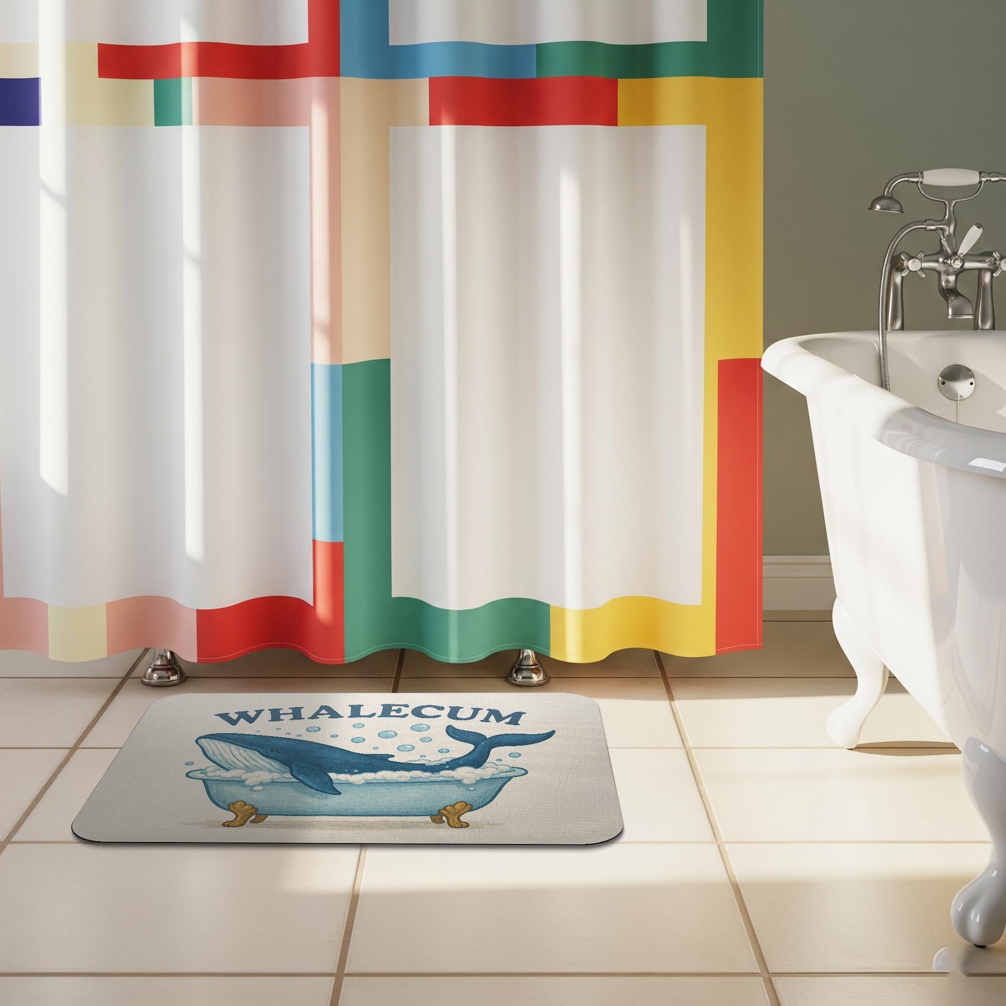 Funny Whale Bath Mat, Whale Bathroom Rug, WHALECUM Pun Mat, Cute Nautical Decor, Ocean Animal Bath Rug, Guest Bathroom Humor Gift