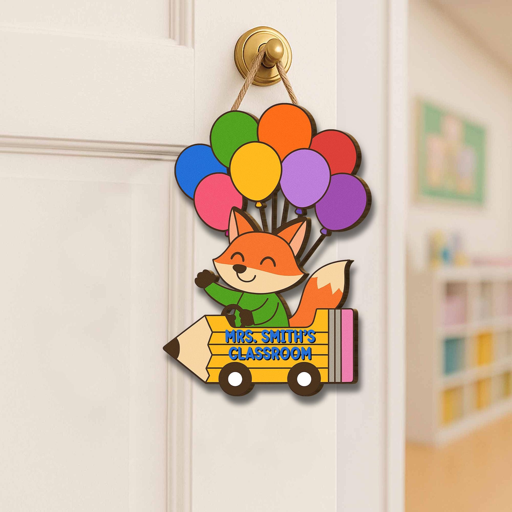 Teacher Classroom Door Sign, Fox Pencil Car with Balloons, Cute Teacher Welcome Back to School Decor, Personalized Wall Hanger, Elementary