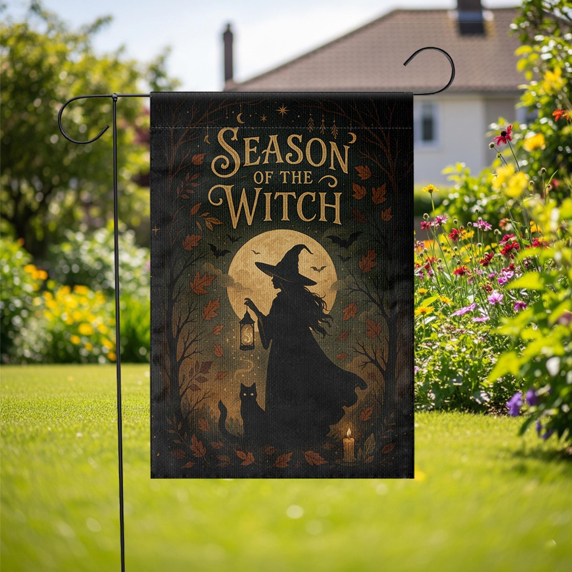 Season of the Witch Flag, Witch Castle Halloween Yard Decor, Witchy Fall Outdoor Banner, Spooky Moon Cat Sign, Autumn Porch Flag