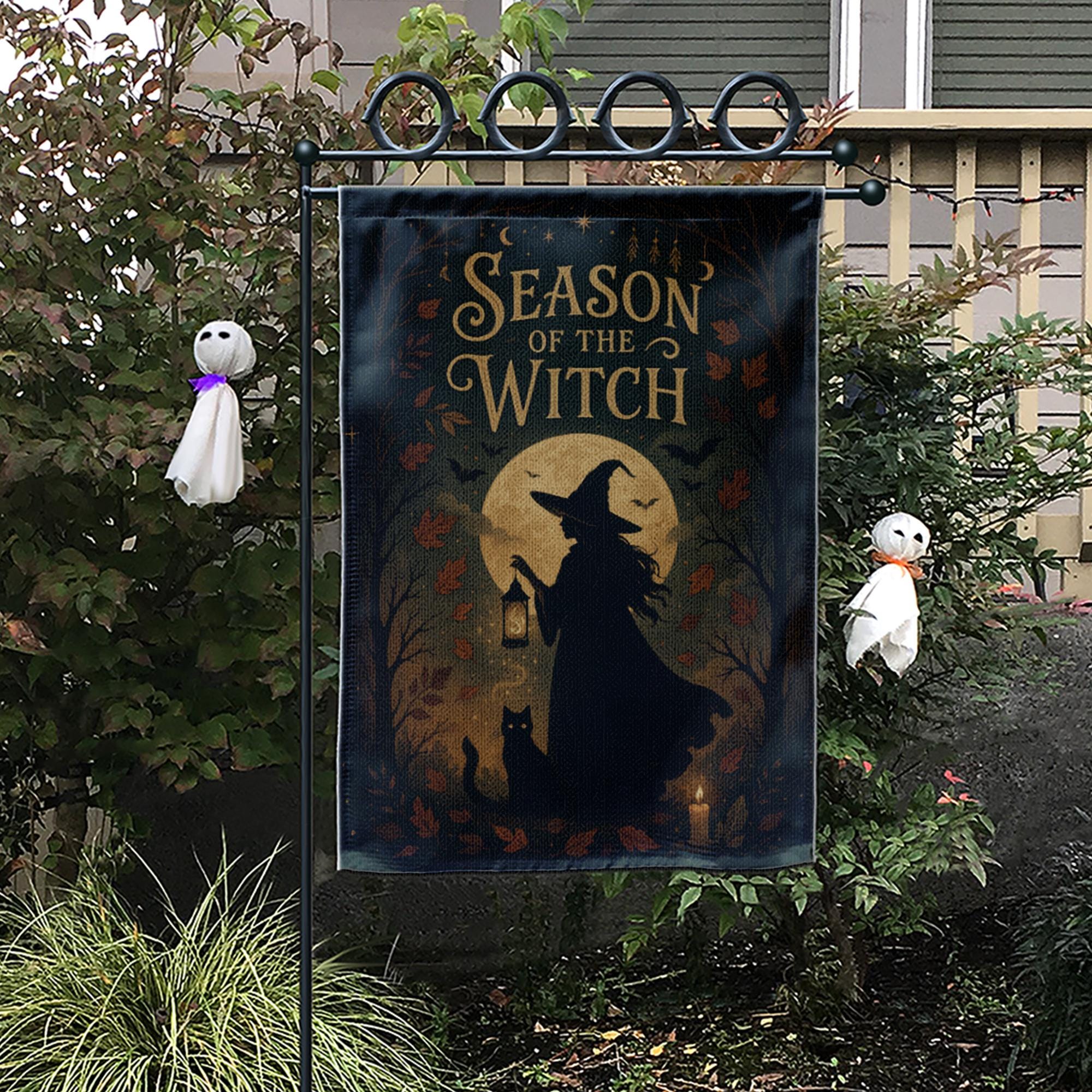 Season of the Witch Flag, Witch Castle Halloween Yard Decor, Witchy Fall Outdoor Banner, Spooky Moon Cat Sign, Autumn Porch Flag