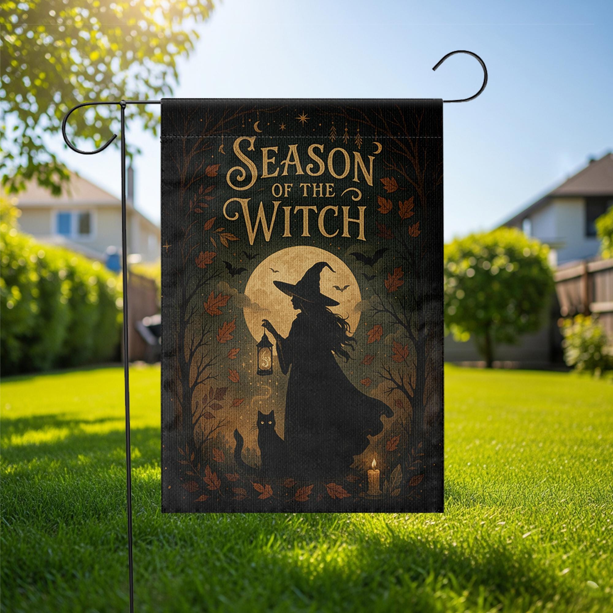 Season of the Witch Flag, Witch Castle Halloween Yard Decor, Witchy Fall Outdoor Banner, Spooky Moon Cat Sign, Autumn Porch Flag