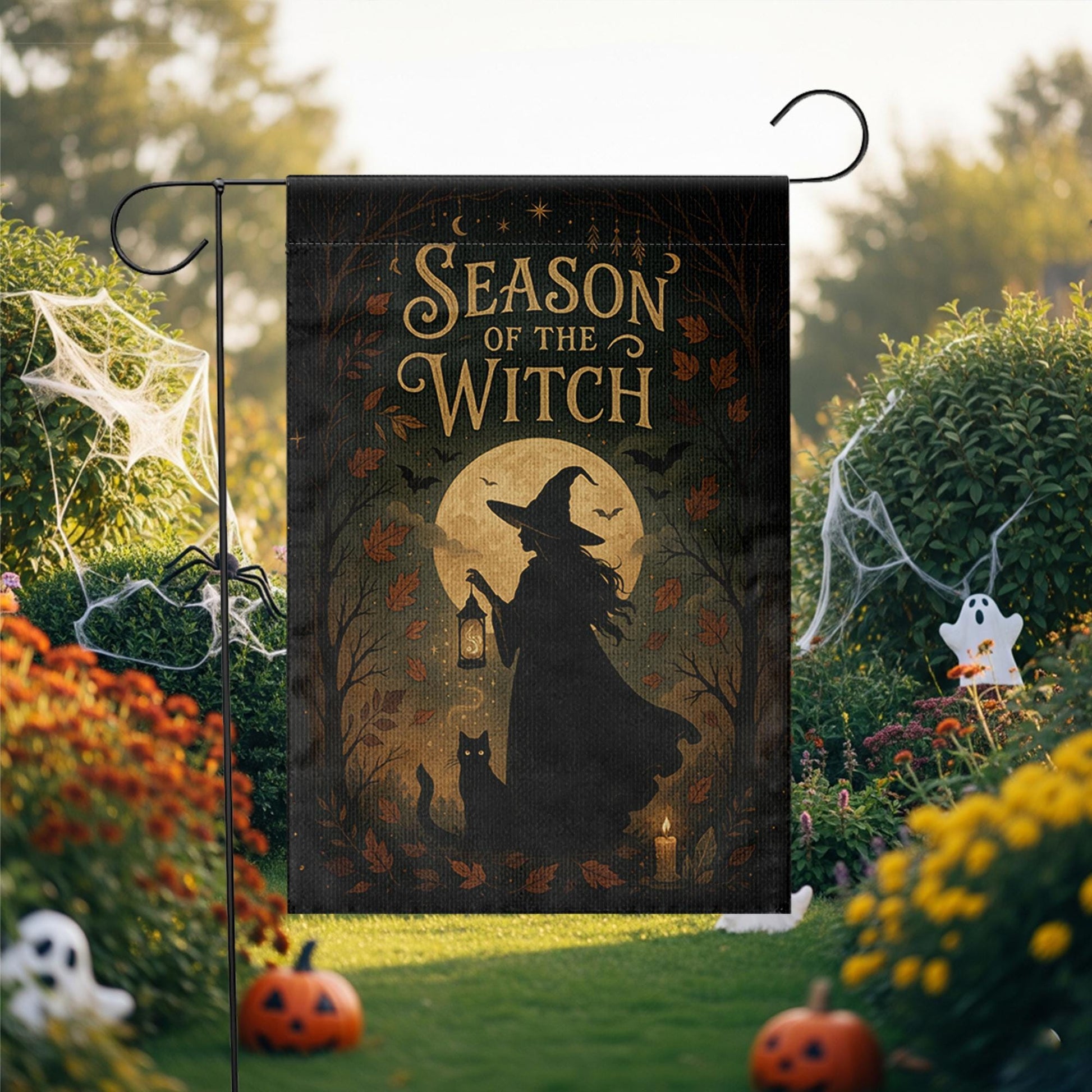 Season of the Witch Flag, Witch Castle Halloween Yard Decor, Witchy Fall Outdoor Banner, Spooky Moon Cat Sign, Autumn Porch Flag