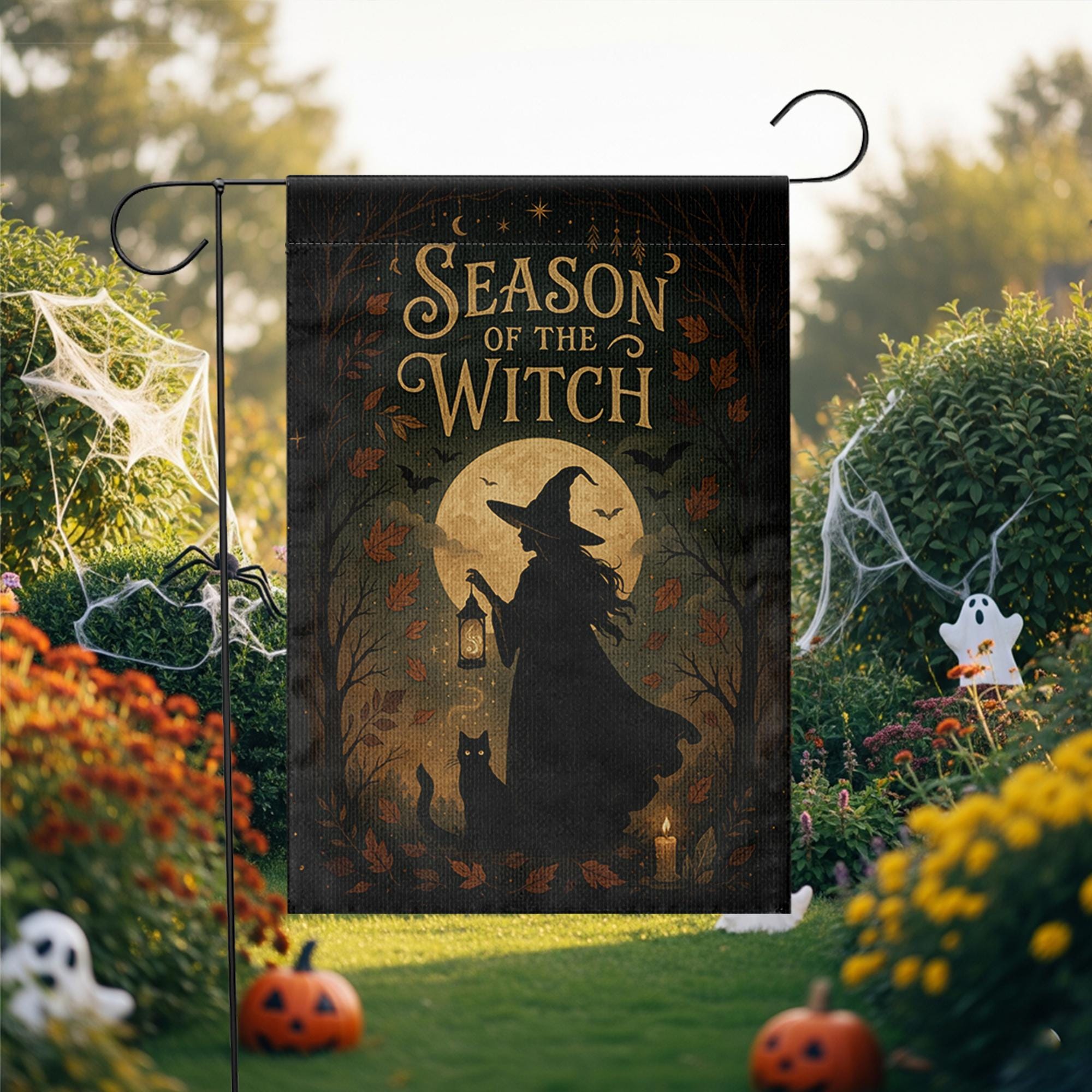 Season of the Witch Flag, Witch Castle Halloween Yard Decor, Witchy Fall Outdoor Banner, Spooky Moon Cat Sign, Autumn Porch Flag