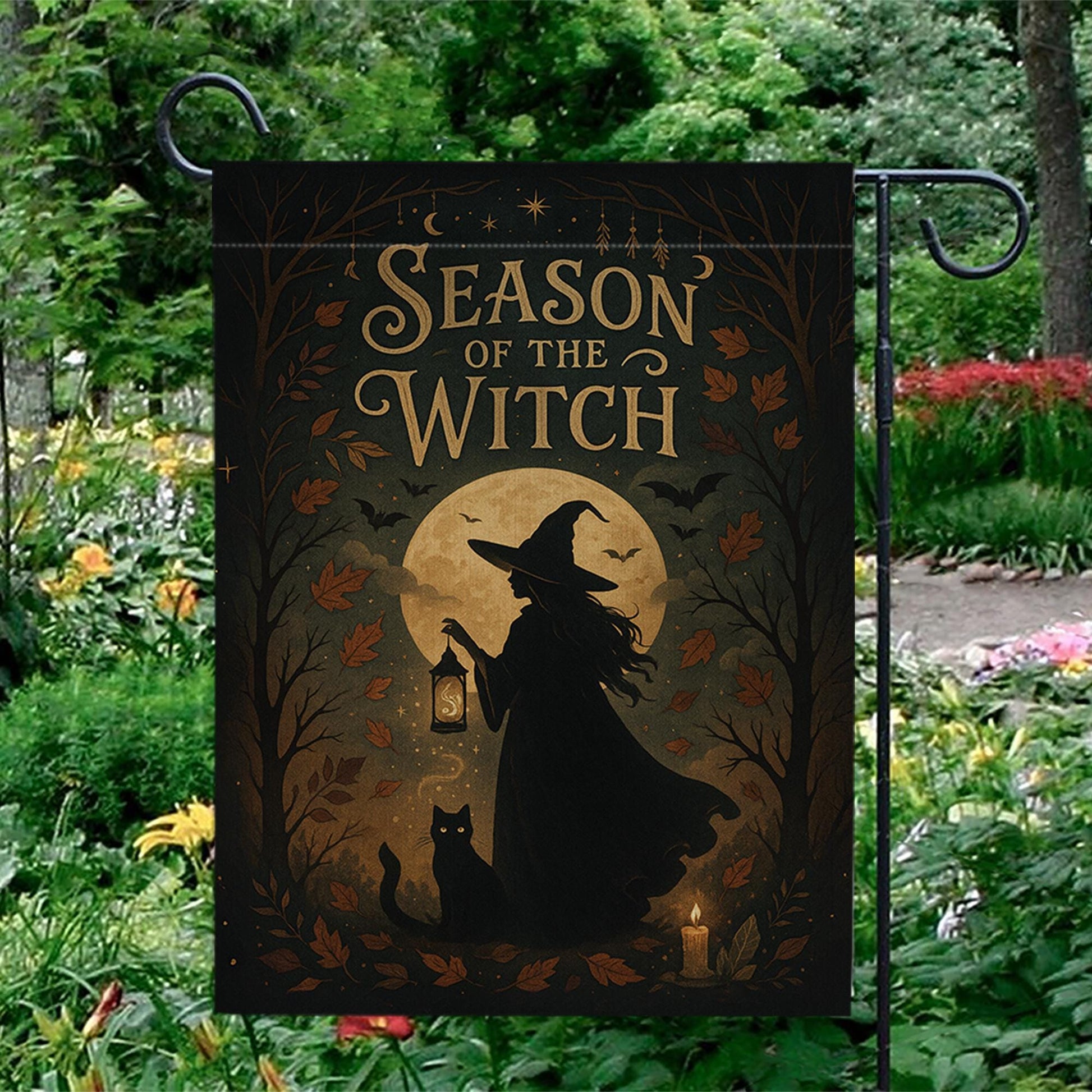 Season of the Witch Flag, Witch Castle Halloween Yard Decor, Witchy Fall Outdoor Banner, Spooky Moon Cat Sign, Autumn Porch Flag