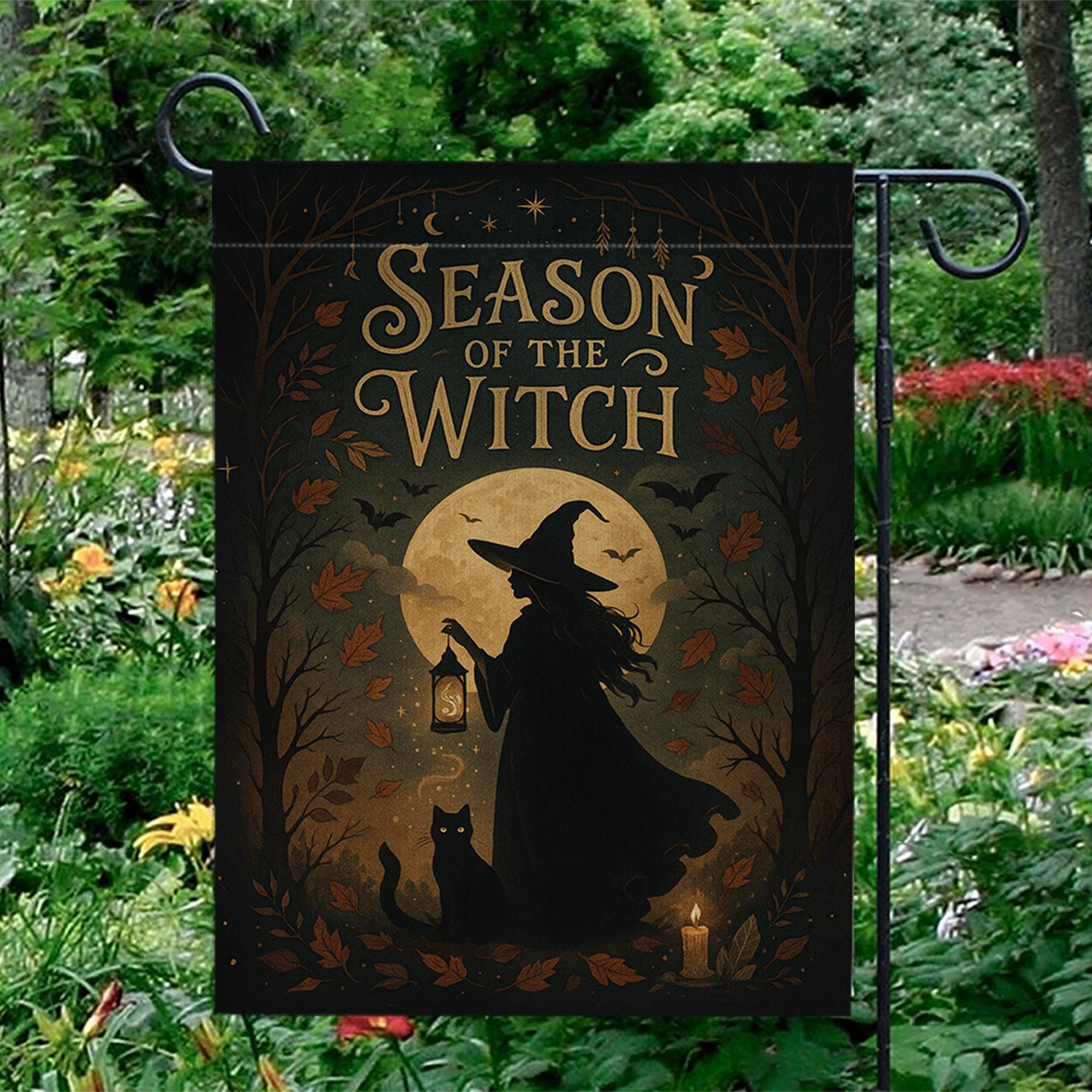 Season of the Witch Flag, Witch Castle Halloween Yard Decor, Witchy Fall Outdoor Banner, Spooky Moon Cat Sign, Autumn Porch Flag