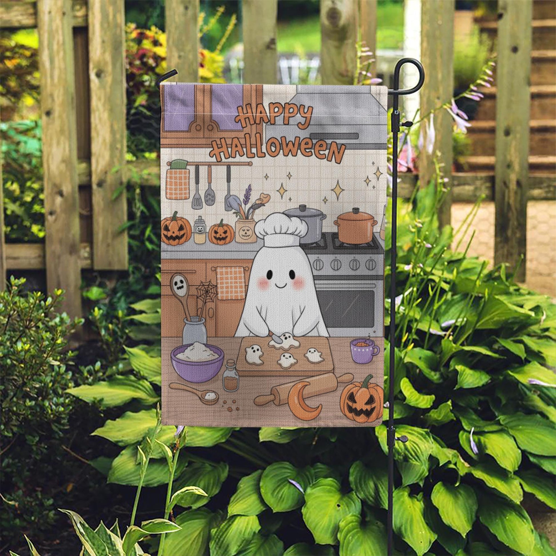 Cute Ghost Chef Halloween Garden Flag – Kawaii Baking Kitchen Fall Yard Decor – Happy Spooky Season Sign