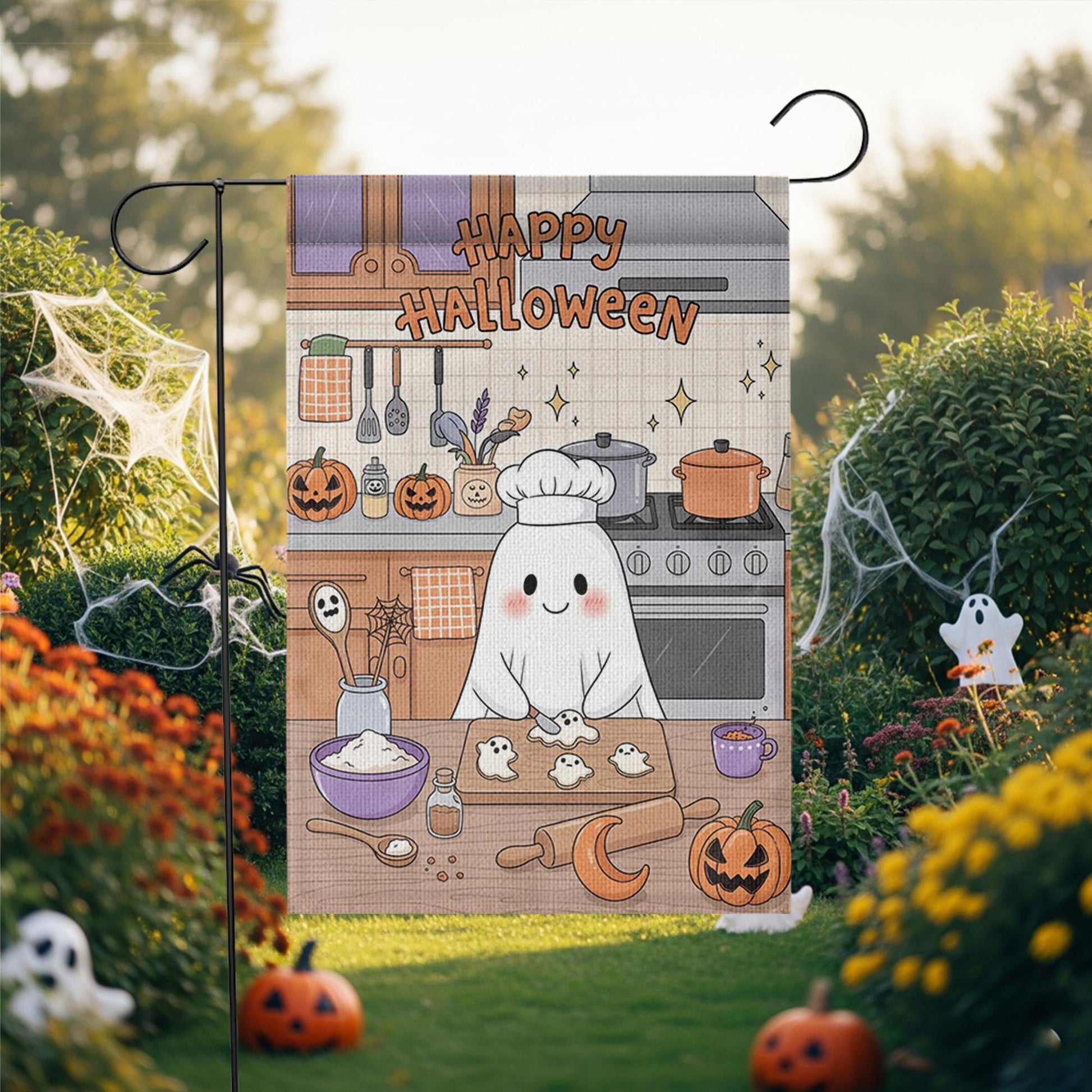 Cute Ghost Chef Halloween Garden Flag – Kawaii Baking Kitchen Fall Yard Decor – Happy Spooky Season Sign
