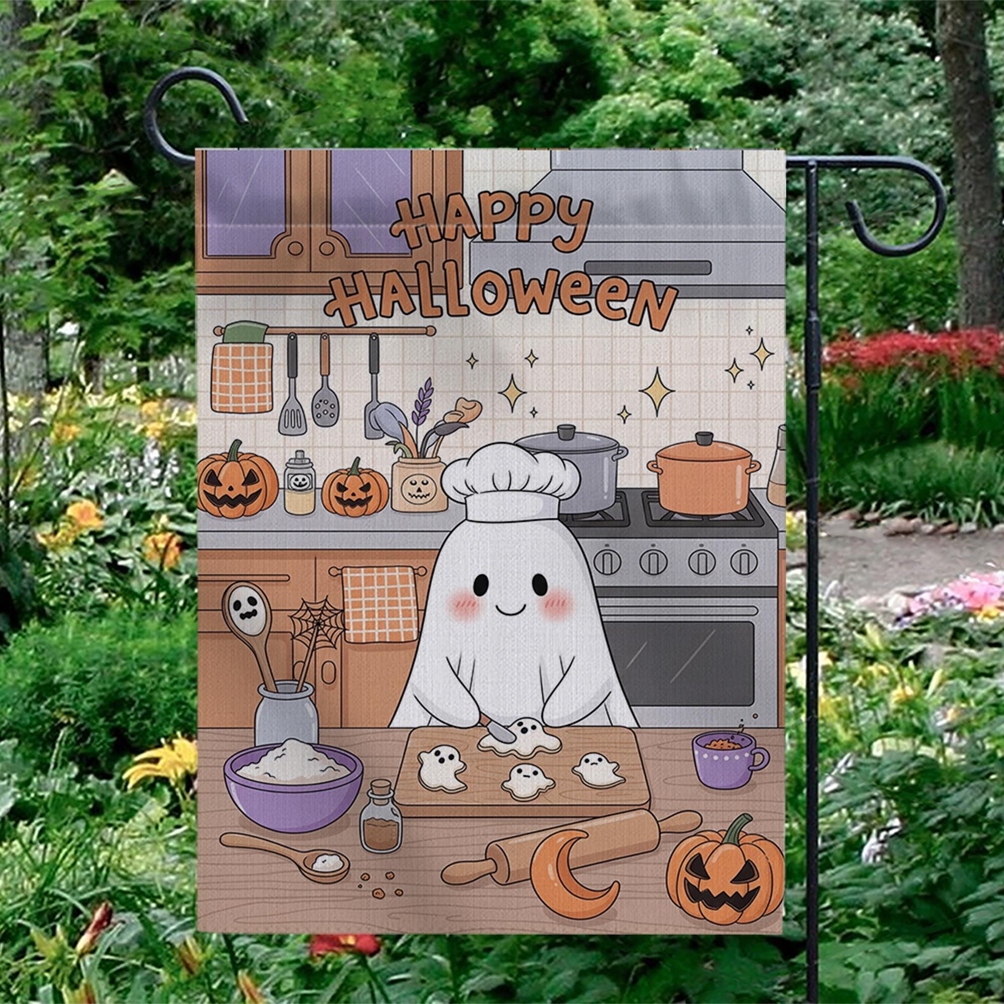 Cute Ghost Chef Halloween Garden Flag – Kawaii Baking Kitchen Fall Yard Decor – Happy Spooky Season Sign