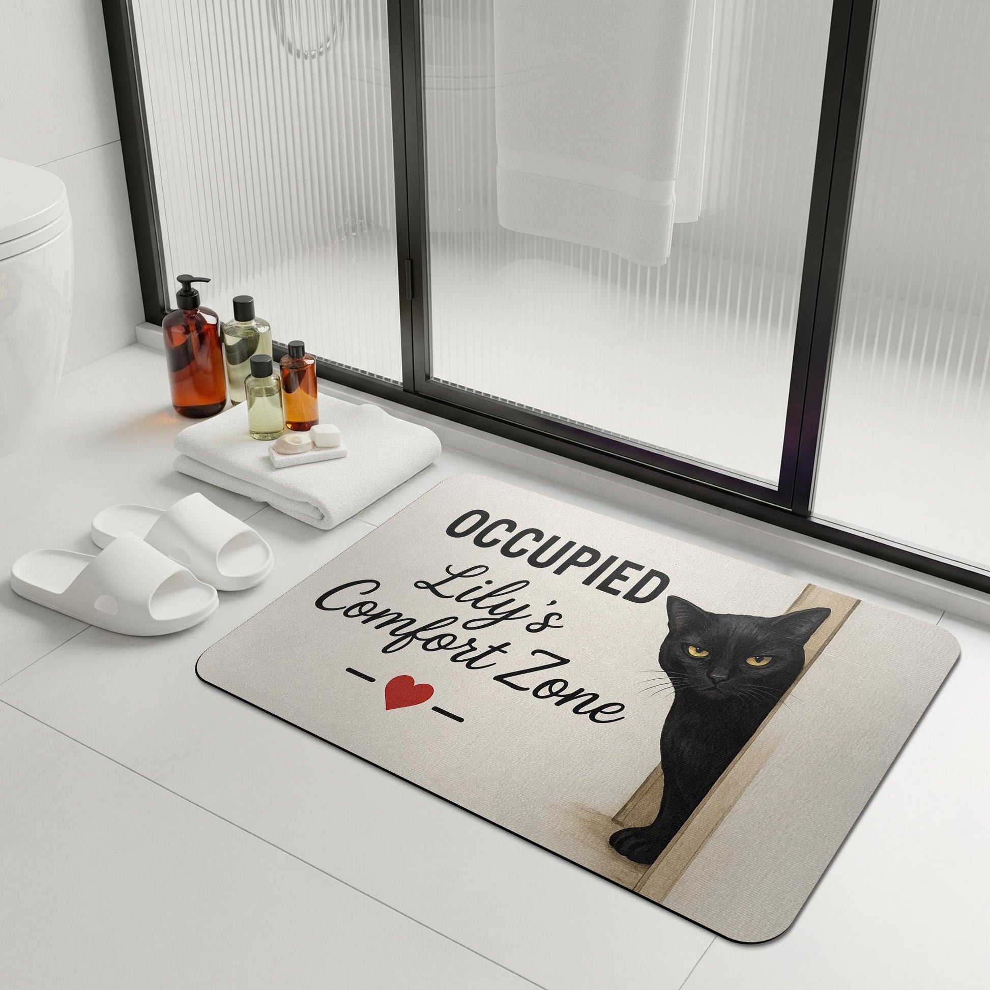 Personalized Cat Bath Mat, Black Cat Bathroom Rug, Funny Comfort Zone Mat, Personalized Cat Lover Gift, Cute Pet Bathroom Decor, Cat Lover