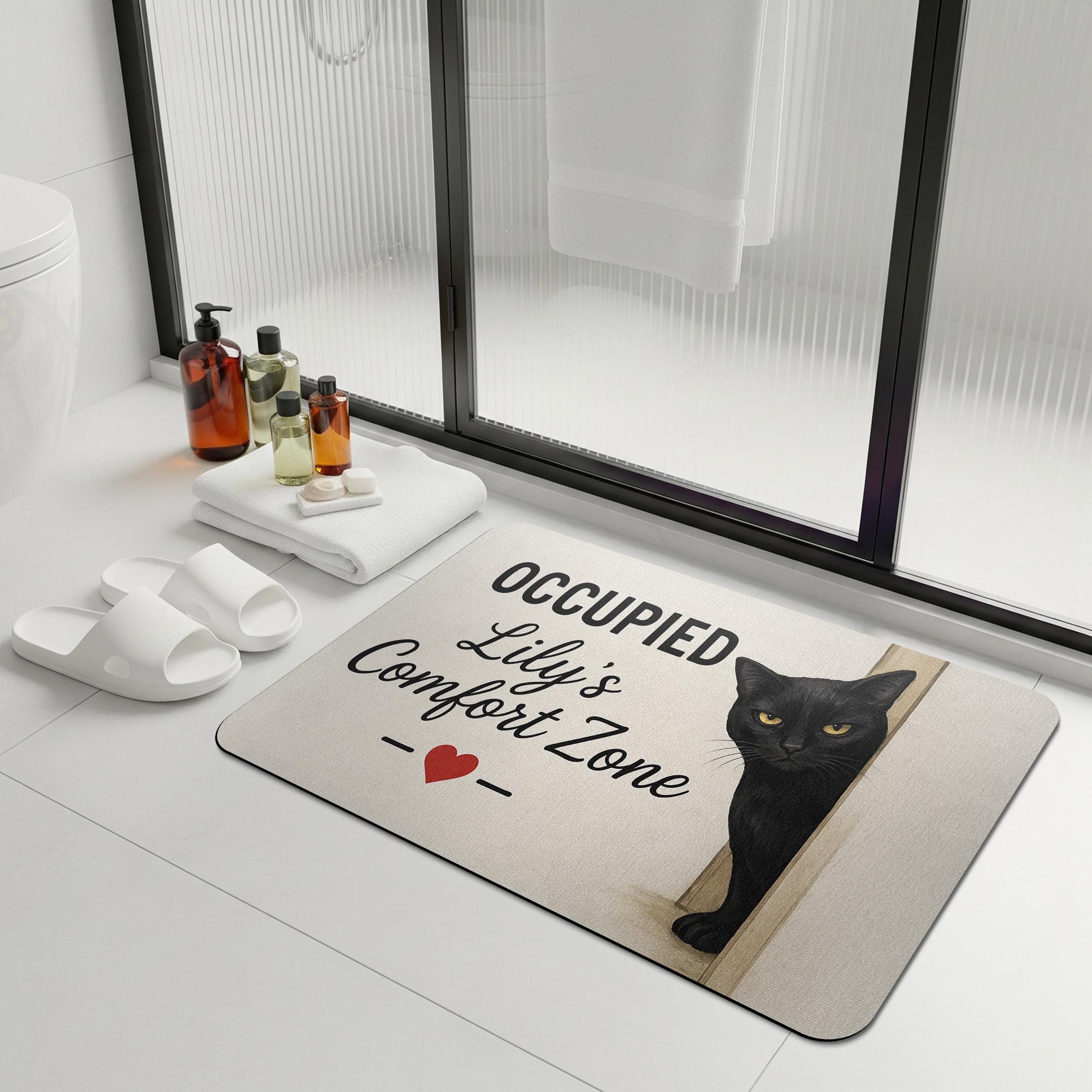 Personalized Cat Bath Mat, Black Cat Bathroom Rug, Funny Comfort Zone Mat, Personalized Cat Lover Gift, Cute Pet Bathroom Decor, Cat Lover