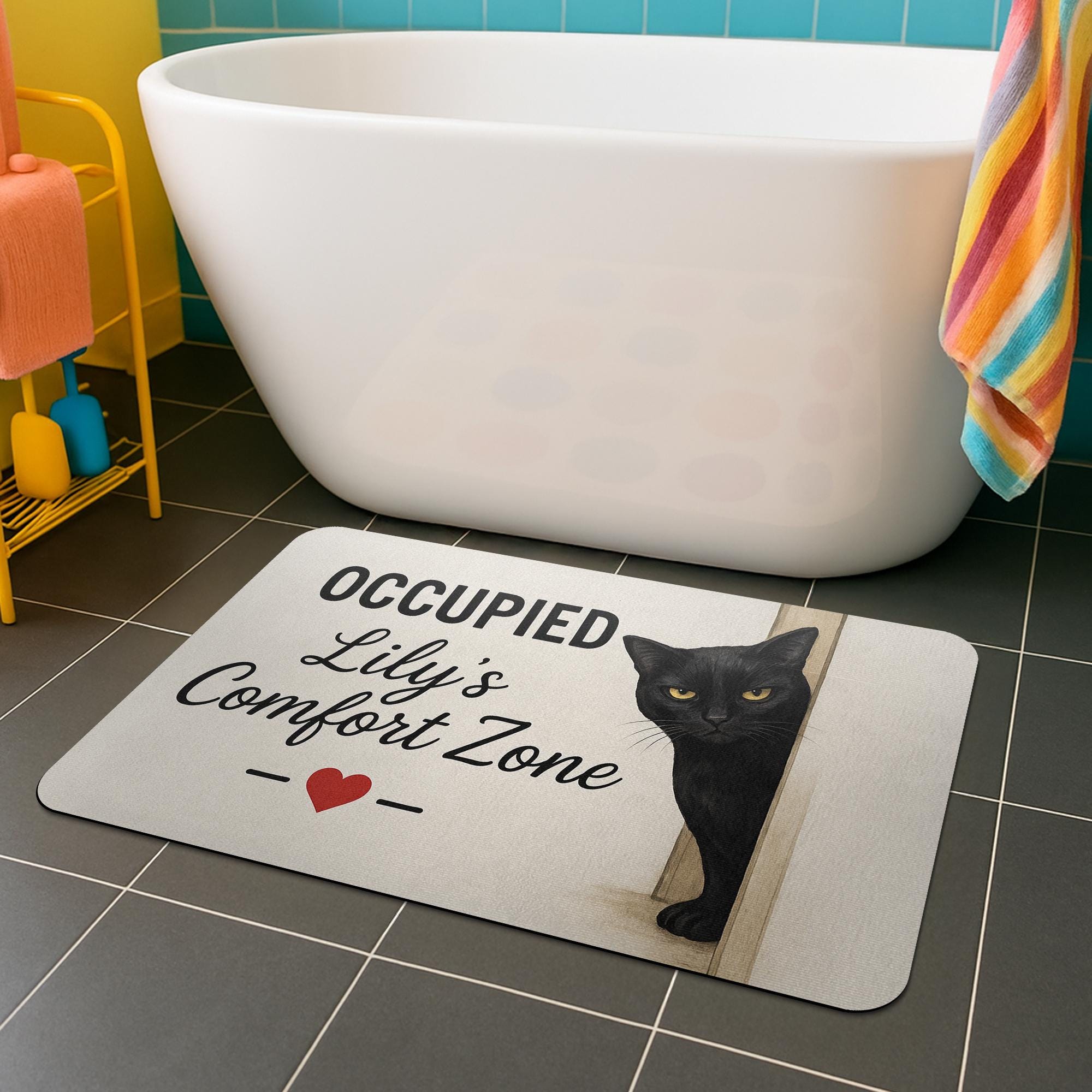 Personalized Cat Bath Mat, Black Cat Bathroom Rug, Funny Comfort Zone Mat, Personalized Cat Lover Gift, Cute Pet Bathroom Decor, Cat Lover