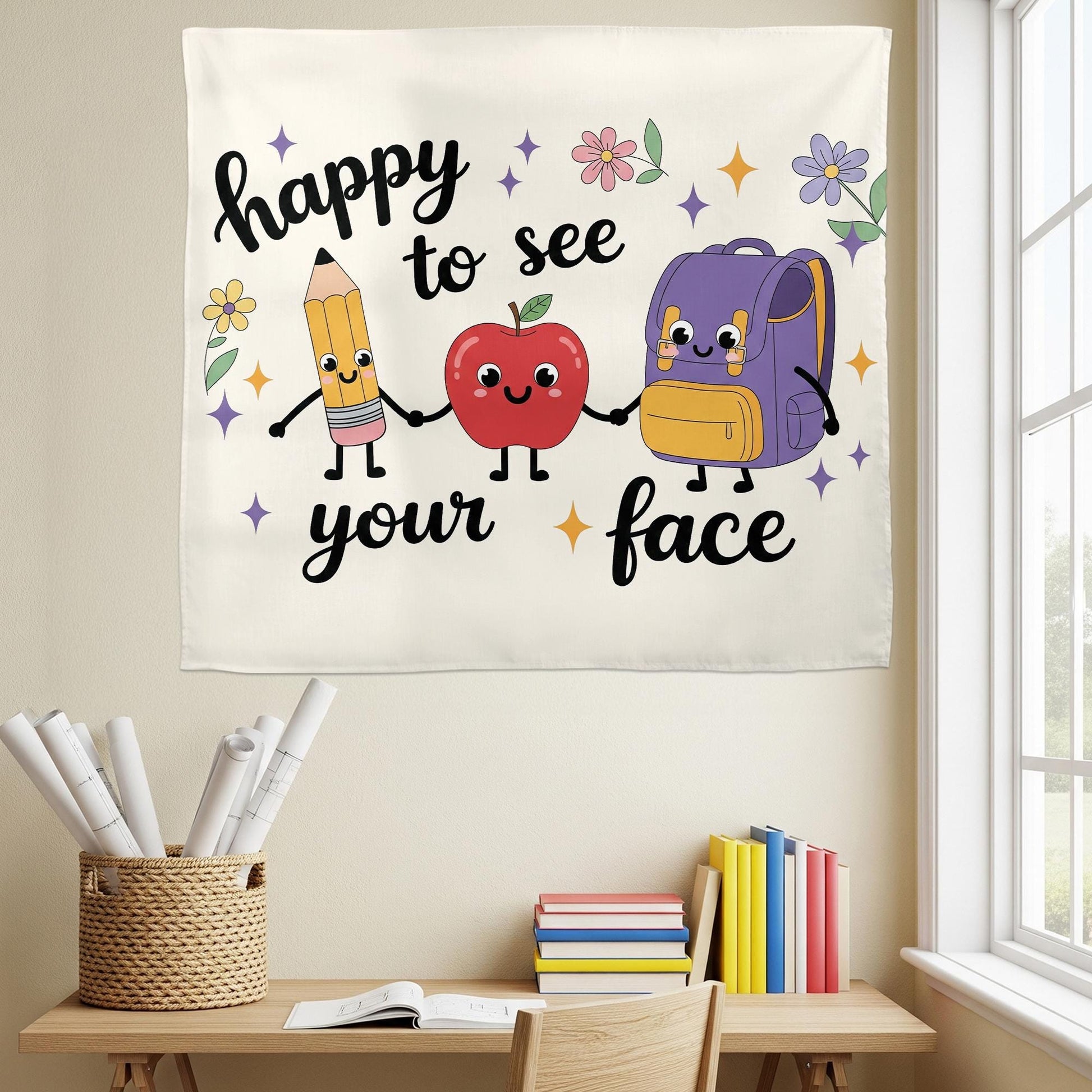 Happy to See Your Face Tapestry | Cute Classroom Wall Decor for Teachers | Back to School Banner | Teacher Office Welcome Sign