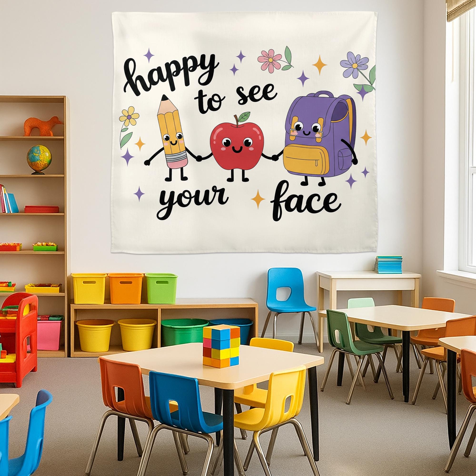 Happy to See Your Face Tapestry | Cute Classroom Wall Decor for Teachers | Back to School Banner | Teacher Office Welcome Sign