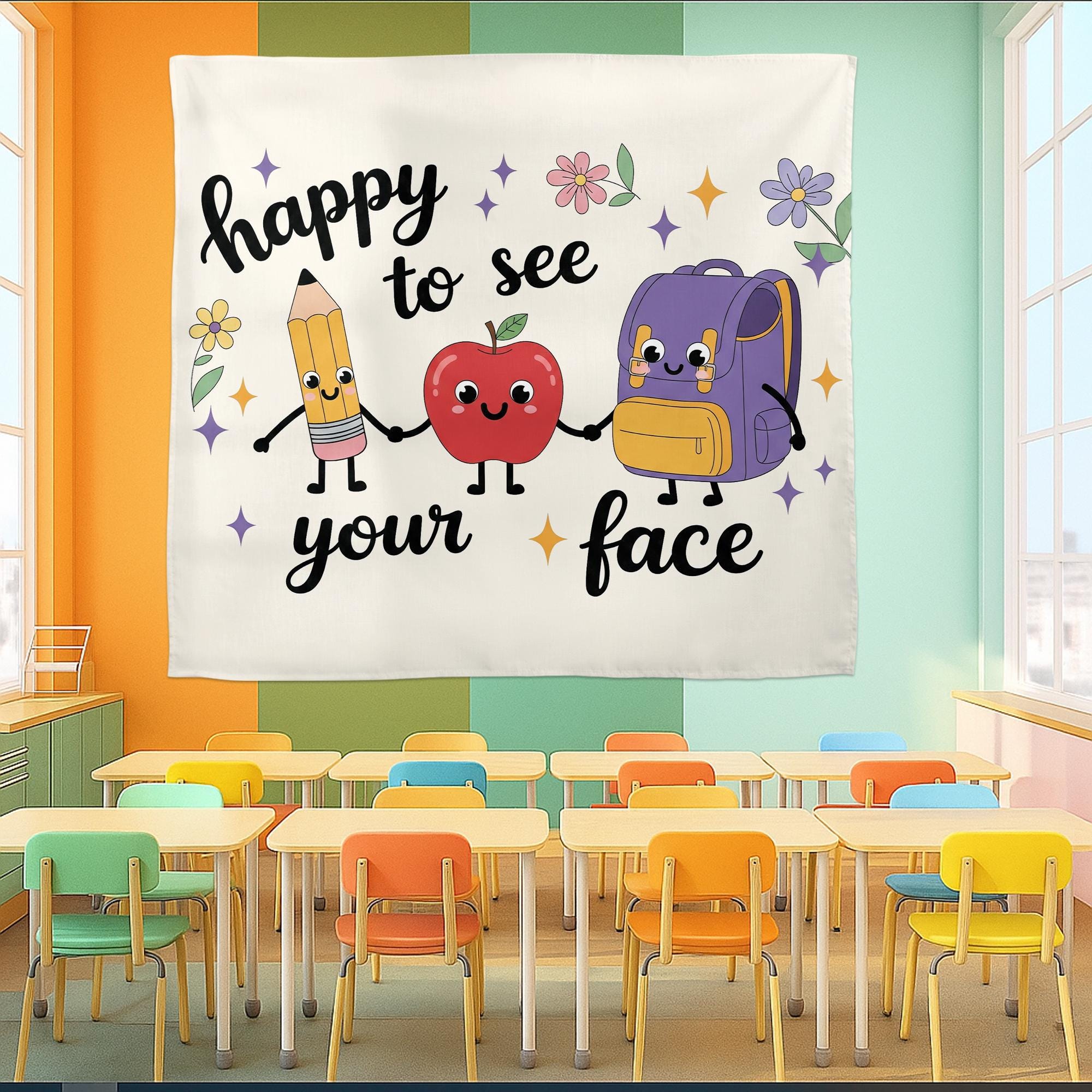 Happy to See Your Face Tapestry | Cute Classroom Wall Decor for Teachers | Back to School Banner | Teacher Office Welcome Sign