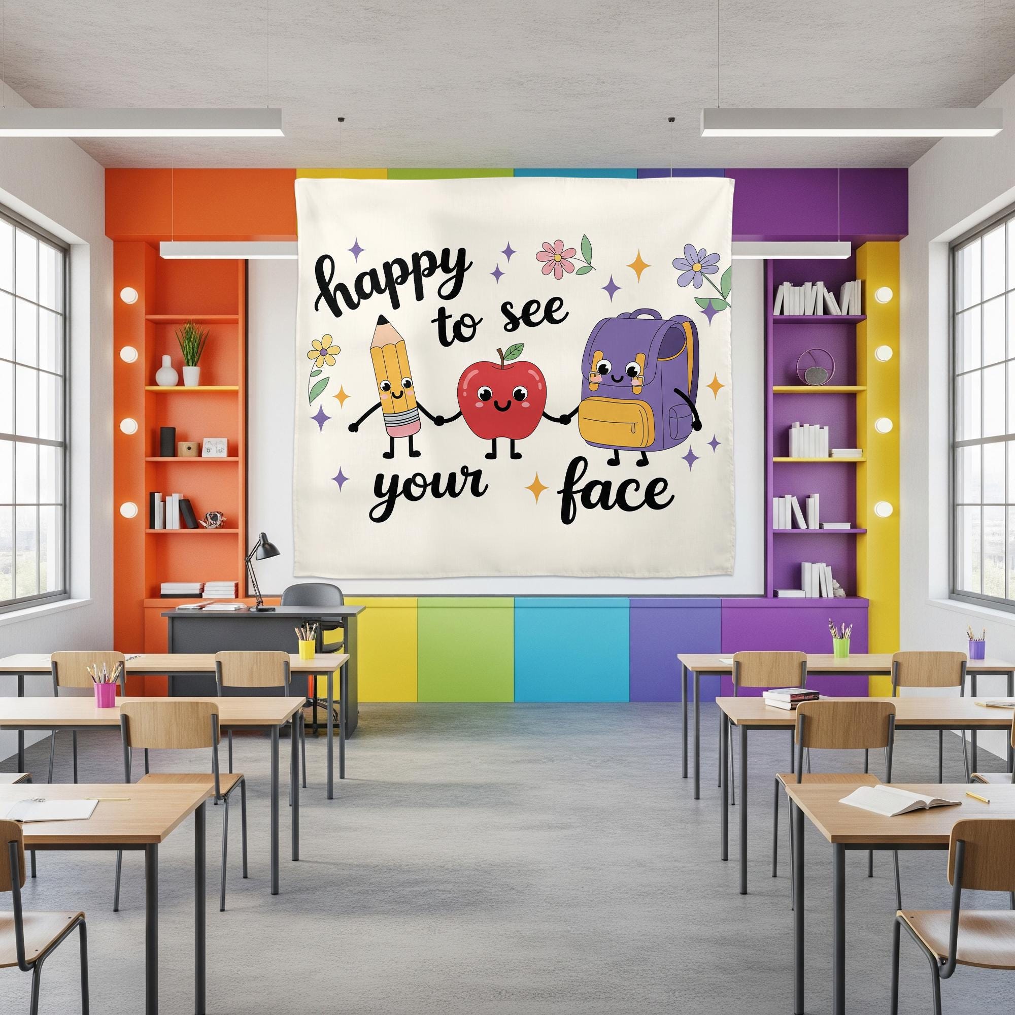 Happy to See Your Face Tapestry | Cute Classroom Wall Decor for Teachers | Back to School Banner | Teacher Office Welcome Sign