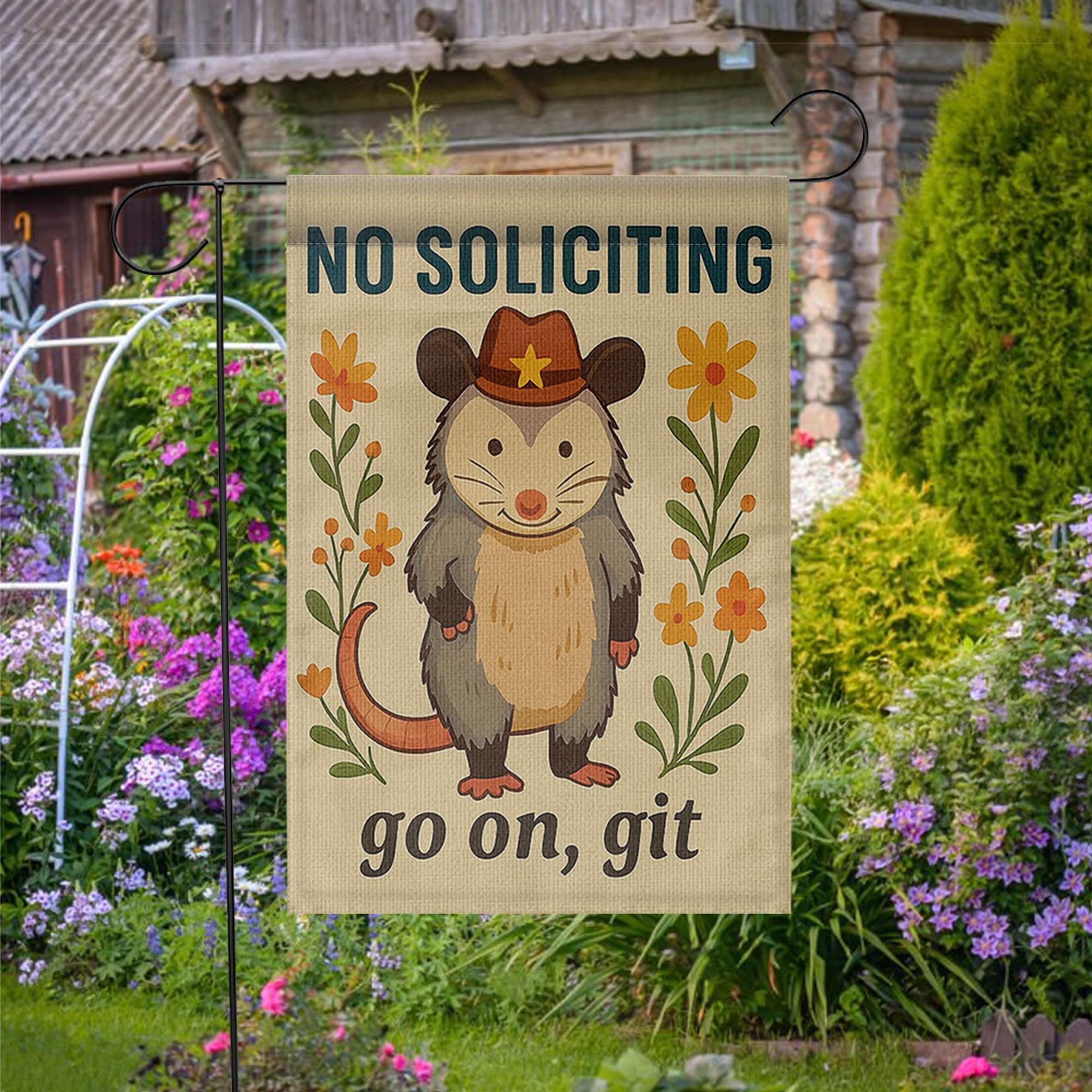 Funny No Soliciting Garden Flag, Cowboy Possum Yard Decor, Go On Git Sign, Cute Animal Porch Banner, Country Outdoor Humor Gift