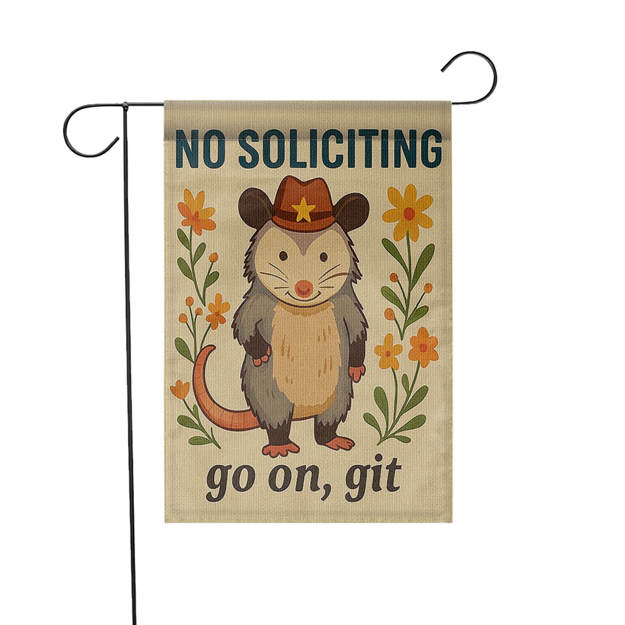 Funny No Soliciting Garden Flag, Cowboy Possum Yard Decor, Go On Git Sign, Cute Animal Porch Banner, Country Outdoor Humor Gift